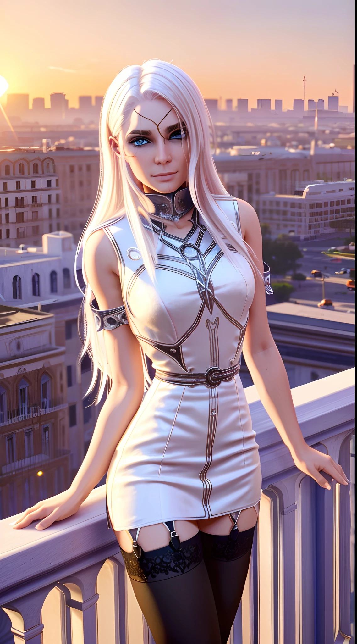 (masterpiece, best quality:1.3), BGDameAylin, 1girl, solo, long hair, white hair, white eyes, cityscape, sexy minidress, stockings, sundown