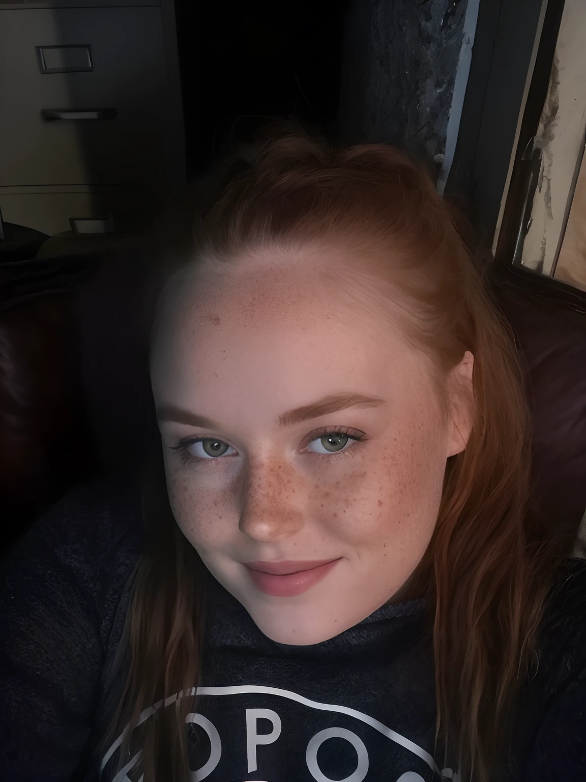 there is a woman with long hair sitting on a couch, taken in the early 2020s, headshot profile picture, with freckles, photo from the back, ginger hair with freckles, taken in the late 2010s, phone photo, grainy photo of an ugly woman, looking towards the camera, 30 years old woman