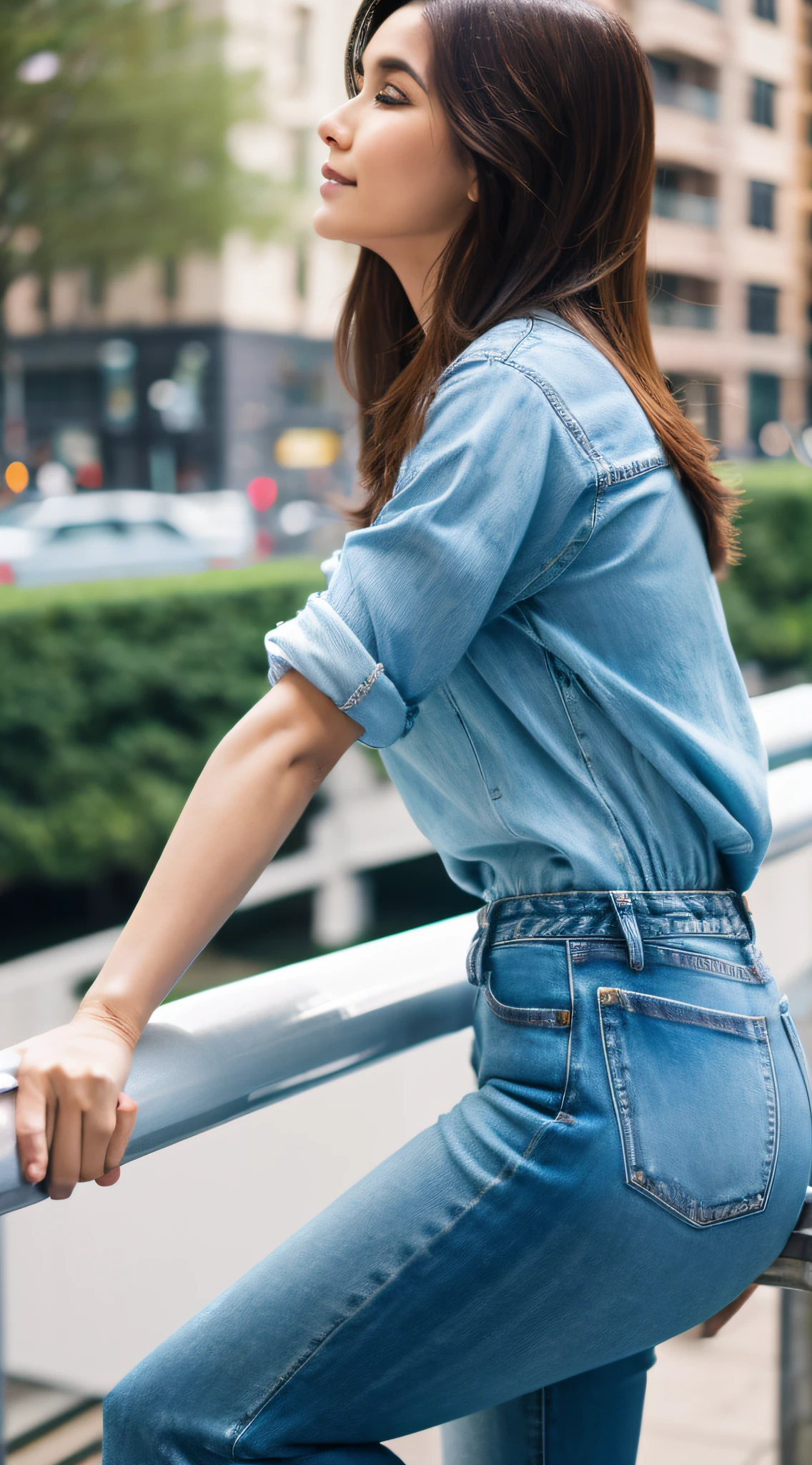 side view,Asin woman,on the roof,outdoor space,city,Holding hands on railing,Full Length Shot,Fullbody,middle brown hair, WhiteTightlow cut top,long sleeves,blue ripped jeans,8k, super detail, ccurate, best quality