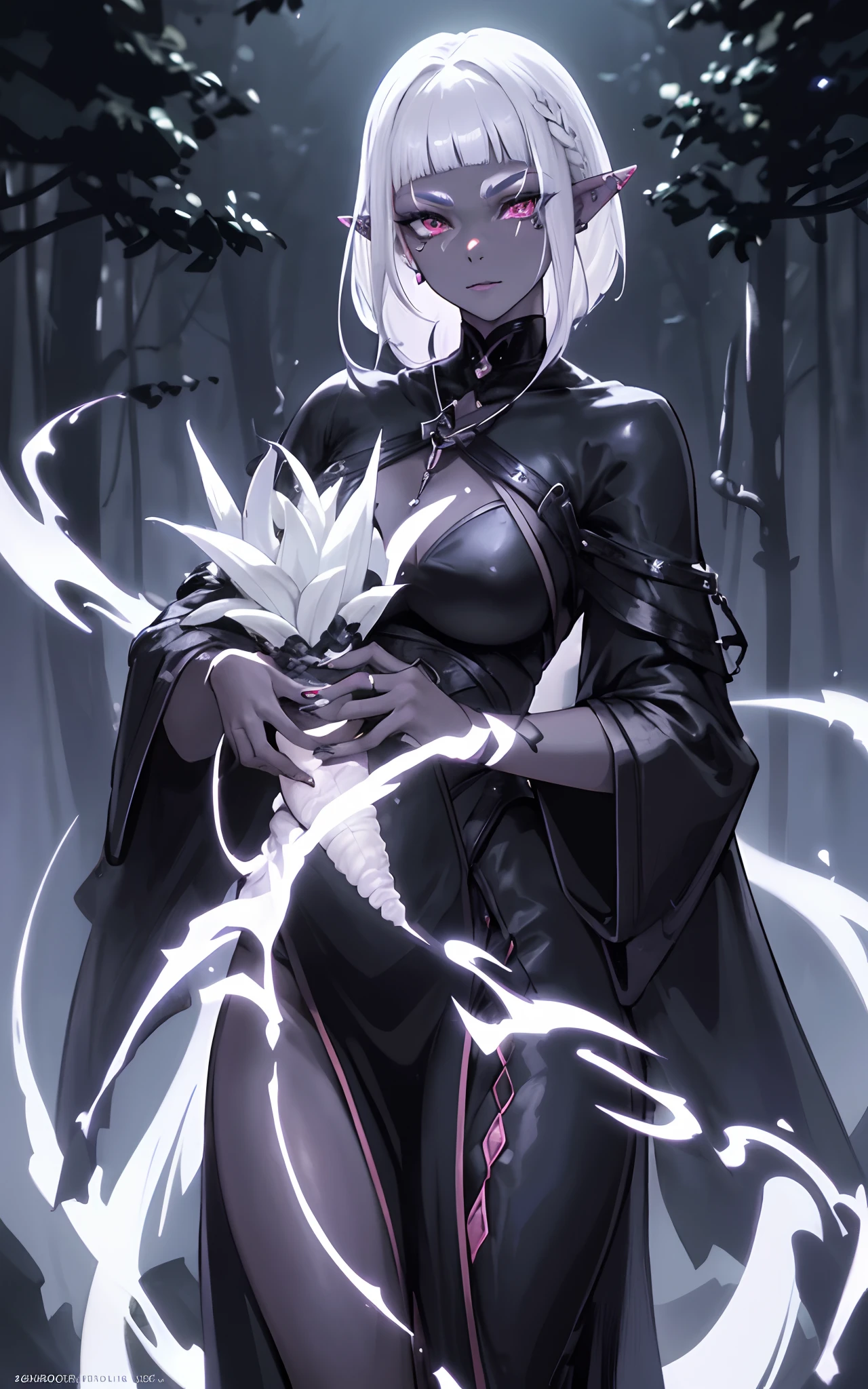 (Dark elf witch), the face of zendaya:Dua lipa, pointy ears, grey skin, white hair, (high top fade haircut), (one braid in one side of the head), masterpiece, dark forest in the background, fog, in the night, full moon ligth, 8k, detailed digital art, piercings.
