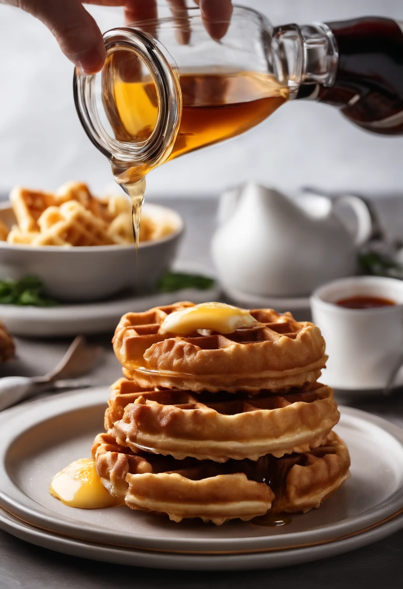 best quality,4k,8k,highres,masterpiece:1.2,ultra-detailed,realistic:1.37, fried chicken on waffles,sumptuous presentation, golden brown, crispy fried chicken drumsticks,mouthwatering,vivid colors,exquisite plating, maple syrup being poured onto chicken, food blog, cookbook photo, pats of butter on waffles, home cooking, authentic southern cuisine,culinary masterpiece,soul food,culinary heritage