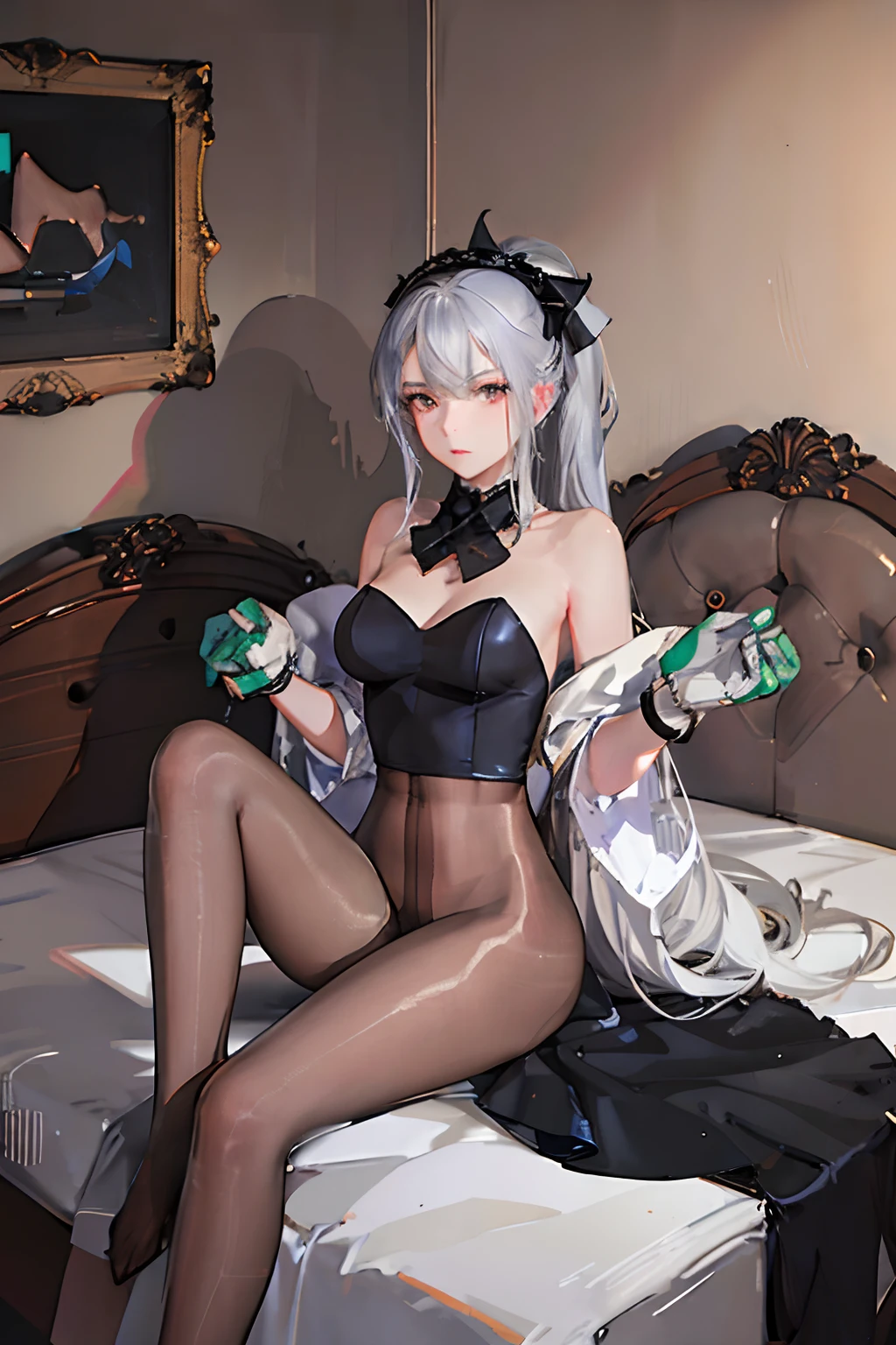 (((1 girl)),ray tracing,(dim lighting),[detailed background (bedroom)),((silver hair)),((silver hair)),(Fluffy silver hair, plump slender girl)) with high ponytail)))) Avoid blonde eyes in the ominous bedroom ((((Girl wears intricately embroidered black high-waisted pants with pantyhose) and white ruffled bow gloves), showing a delicate slim figure and graceful curves, correct limbs, sitting on the bed