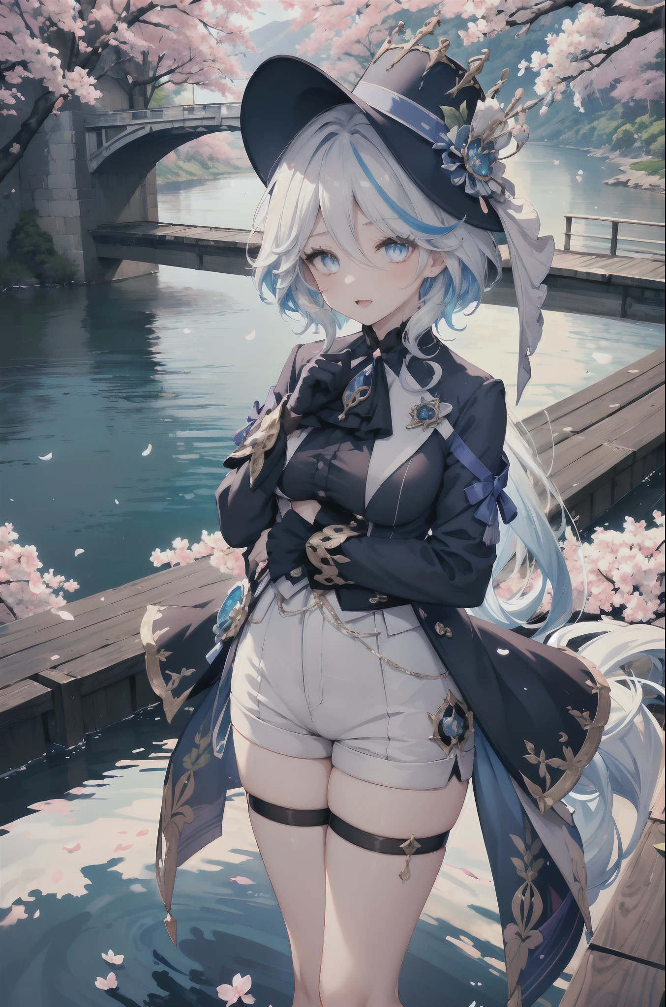 masutepiece, Best Quality, Ultra-detailed, glistening shiny, Glowing light, Ray tracing, nffsw, deph of field, (Perfect face, Detailed face, Detailed eyes,Perfect hands),(medium boobs:1.2),8K,hard disk,An ultra - realstic face,Ray tracing,Perfect Lighting,Best Quality, Ultra-detailed, shiny eyes, (Looking at Viewer,Smile with open mouth:1.1), ((1girl in)), (maturefemale:1.4),Cowboy Shot,thighs thighs thighs thighs,POV,
Furina,Long hair,((Gradient Hair)),multicolored eyes, Gradient Eyes, (Glowing eyes:1.5), mascara, (fashion make up), Parted lips,blush,Shirt, gloves, Long sleeves, hat,Jewelry,Jacket, White shirt, flower,Shorts, Black Gloves,ascot, Thigh strap, Blue jacket, brooches, Pedras preciosas, blue headwear, blue flower, White shorts, hat flower, Blue Rose, Sloping hat, blue gemstone, Blue Ascot
((In the middle of the Japan countryside,Japan Bridge,Across the bridge,River,cherry trees,Cherry blossom petals,Dark blue sky,River carp)),(Complex background, Many elements of the background:1.2),((hyper detailed background)), Mistress pose, ((8K Wallpaper)),