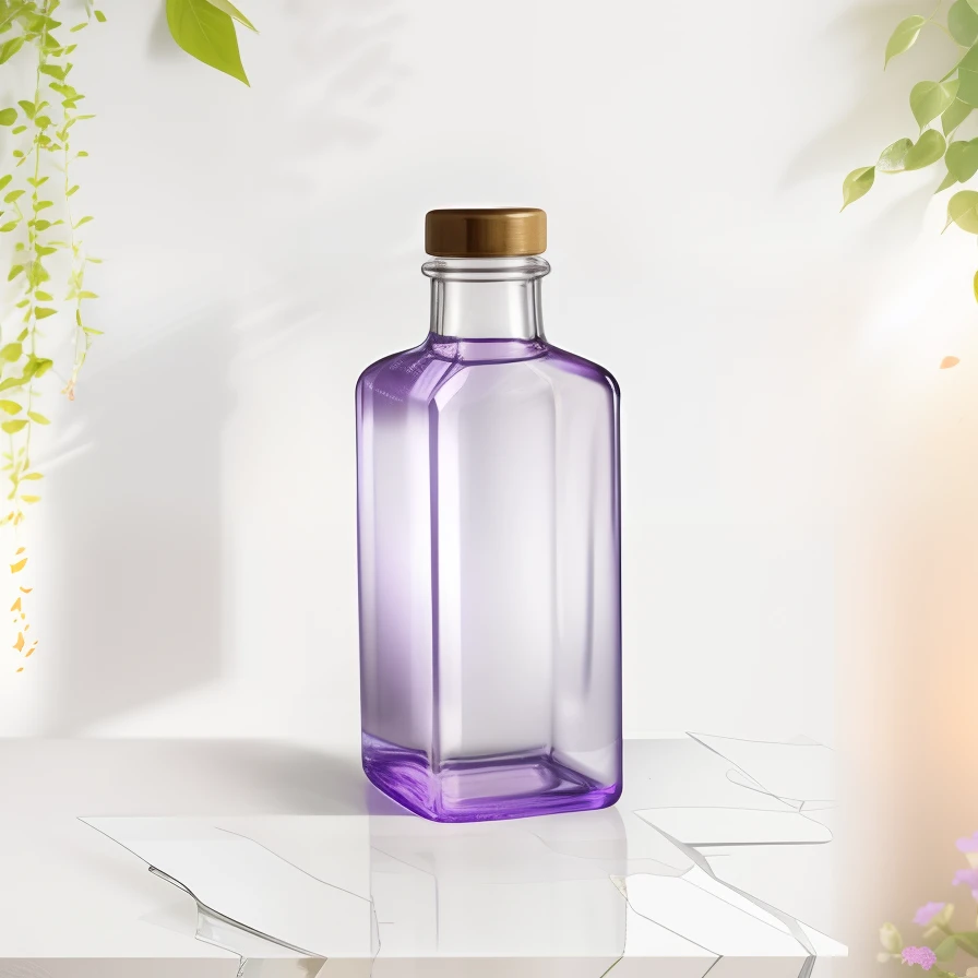 perfectlynice square glass bottle,purple accents,plastic cap,glass material,shiny surface,clear transparency,best quality,ultra-detailed,realistic,studio lighting,vivid colors,bright lighting