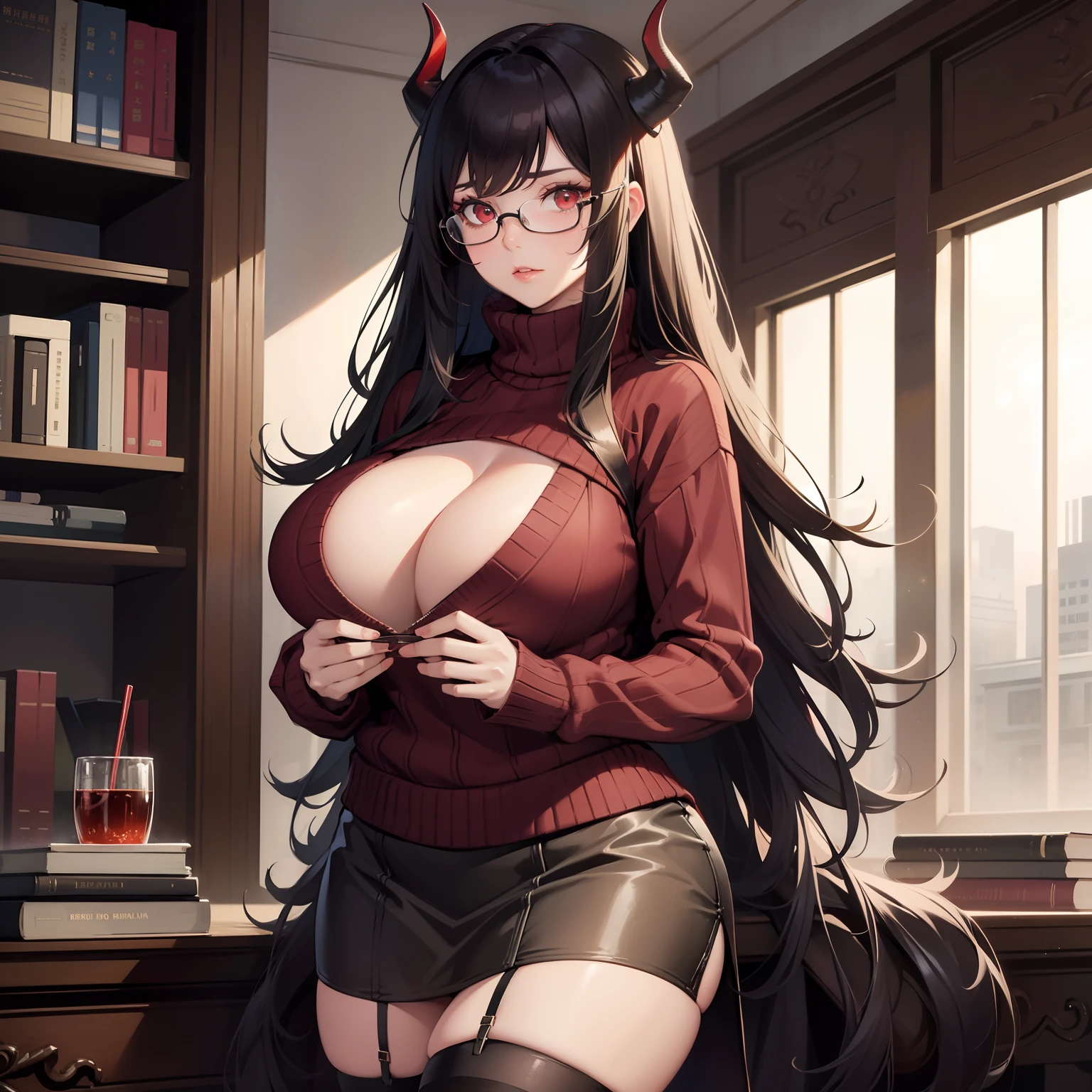 (((Solo))) Woman with long messy spiky black hair, ((red eyes)), ((wearing a oversized sweater)), ((wearing a brown skirt)) character is in a library, bookshelves, (mature woman Anna), ((large chest)), curvy hips, long legs, detailed eyes, (red horns), (((mature woman))), milf, ((full lips)), sparkling eyes, seductive pose, sexy face, (beautiful lighting), beautifu, hands on chest, (glasses), stockings, (chubby)