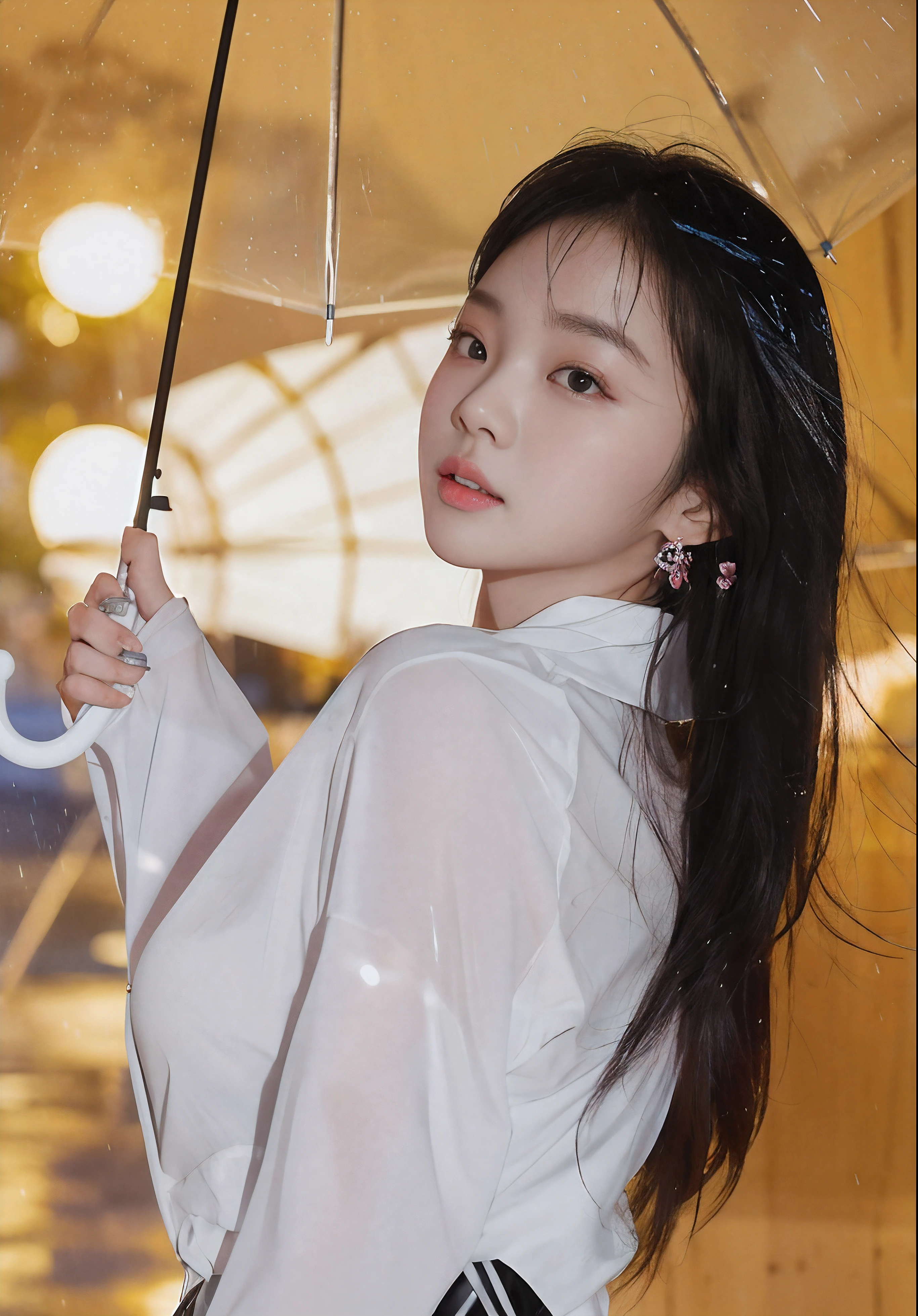 Woman in white shirt holding umbrella in room, blackpink jennie, Choi Hyun-hwa, gongbi, glossy from rain, Shot on Canon EOS R 6, rained, park jimin, Lee Ji-eun, lee ji eun, Shin Jinying, jaeyeon nam, ji-min, hwang se - on