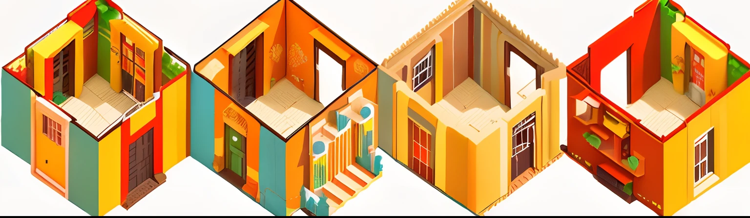 Tres cometas de diferentes colores cuelgan de una pared, isometric style, isometric illustration, Isometric, Habitaciones segmentadas aleatoriamente, isometric art, not isometric, isometric illustration fun, isometric angles, Isometric environment, isometric house, Colorido plano surrealista, isometric 3D, isometric design, isometric 3 d, Colorful surreal flat design