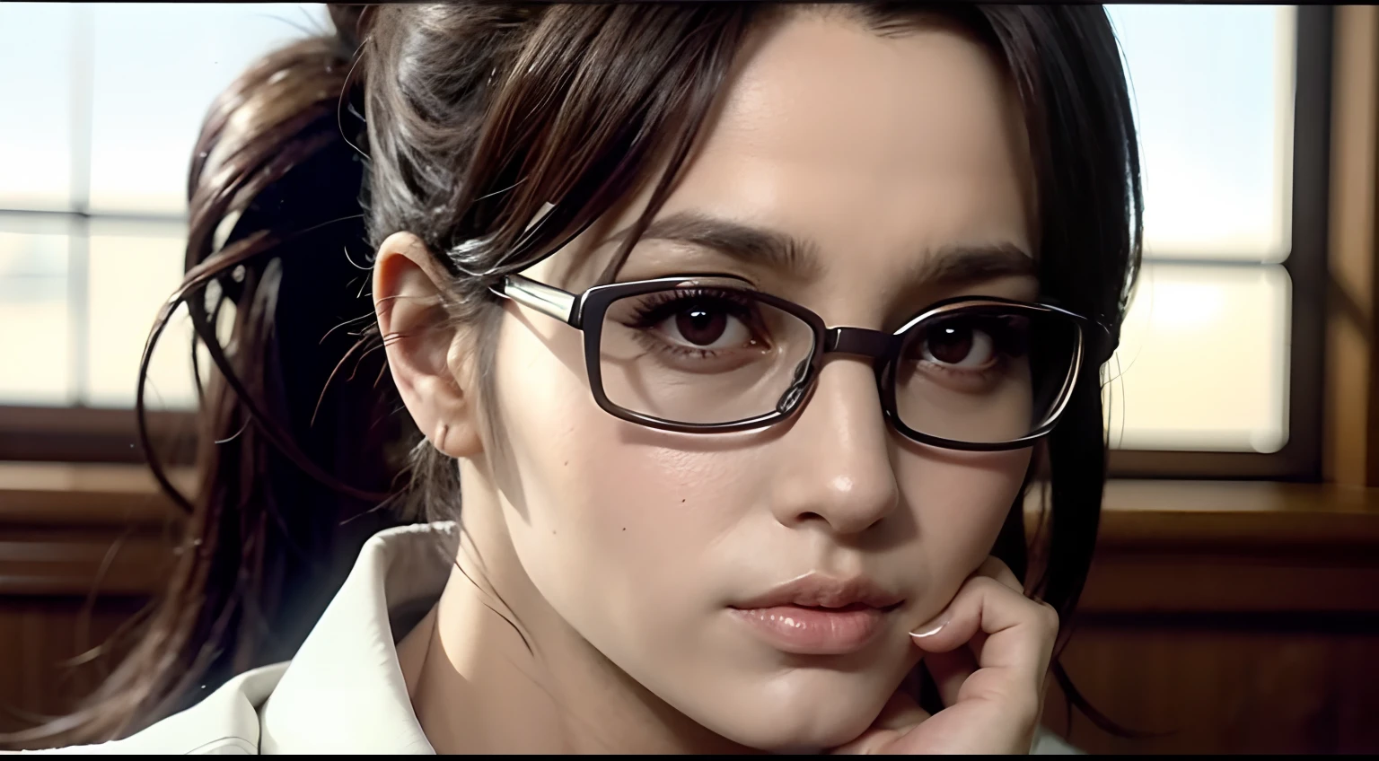 HangeAOT, detailed eyes, glasses, woman, white shirt, collar, long sleeves, beauty, extremely beautiful face, exqusite face