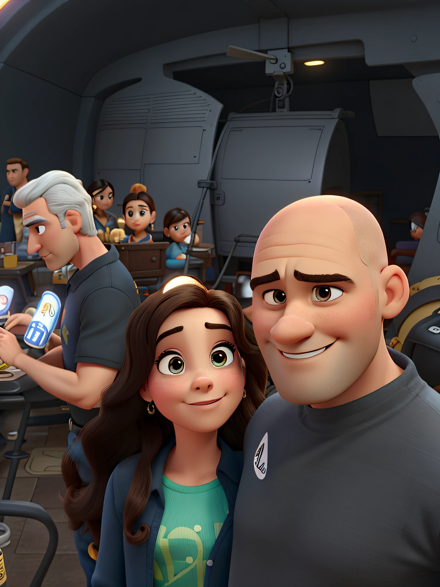 a Disney Pixar movie poster showing tall brunette bald man, ao lado de uma mulher de cabelos pretos, olhos expressivos, High Quality Cinematic Background, melhor qualidade