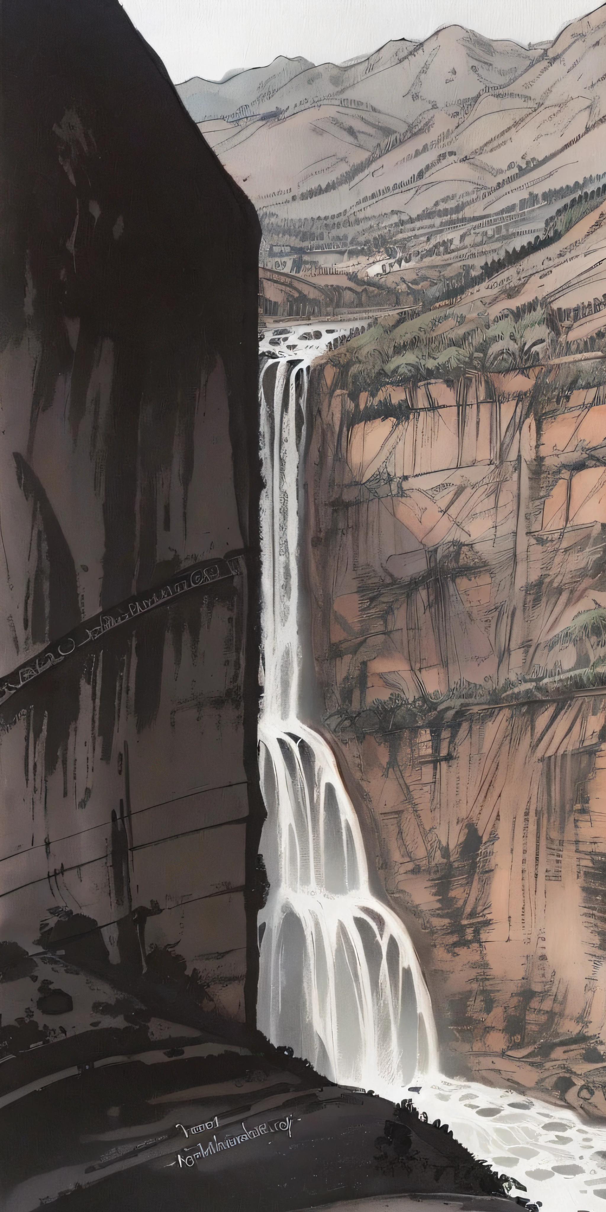 Waterfall and river sketch in (black sharpie:1.5)