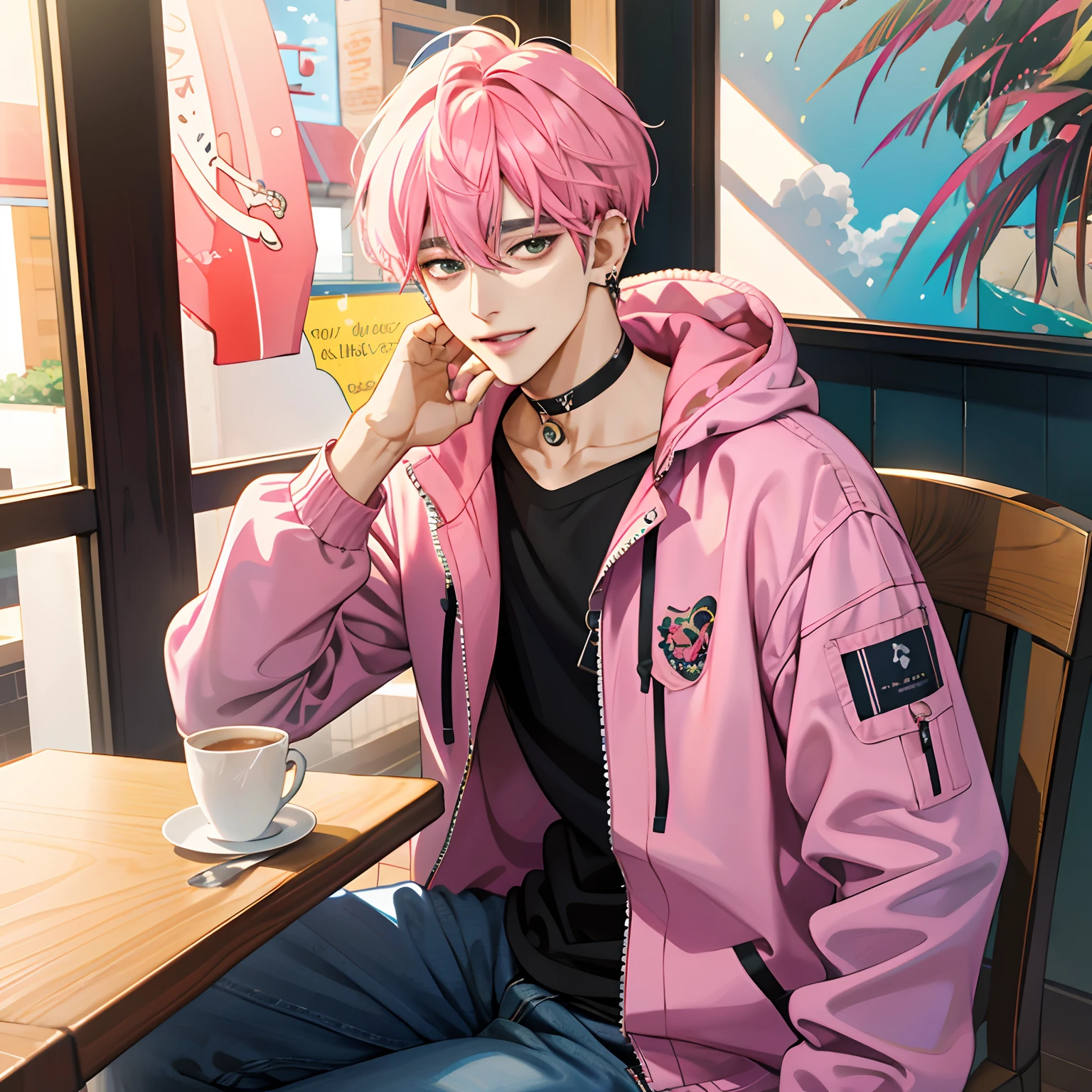 Sitting in a café, Guviz-style artwork, made with anime painter studio, Anime Realism Style, Realistic anime art style, painted in anime painter studio, Inspired by Kim Taehyung, In an anime style, anime handsome guy, Inspired by Kim Taehyung, anime realism、Pink hair、parka、A smile、a choker、Multiple piercings
