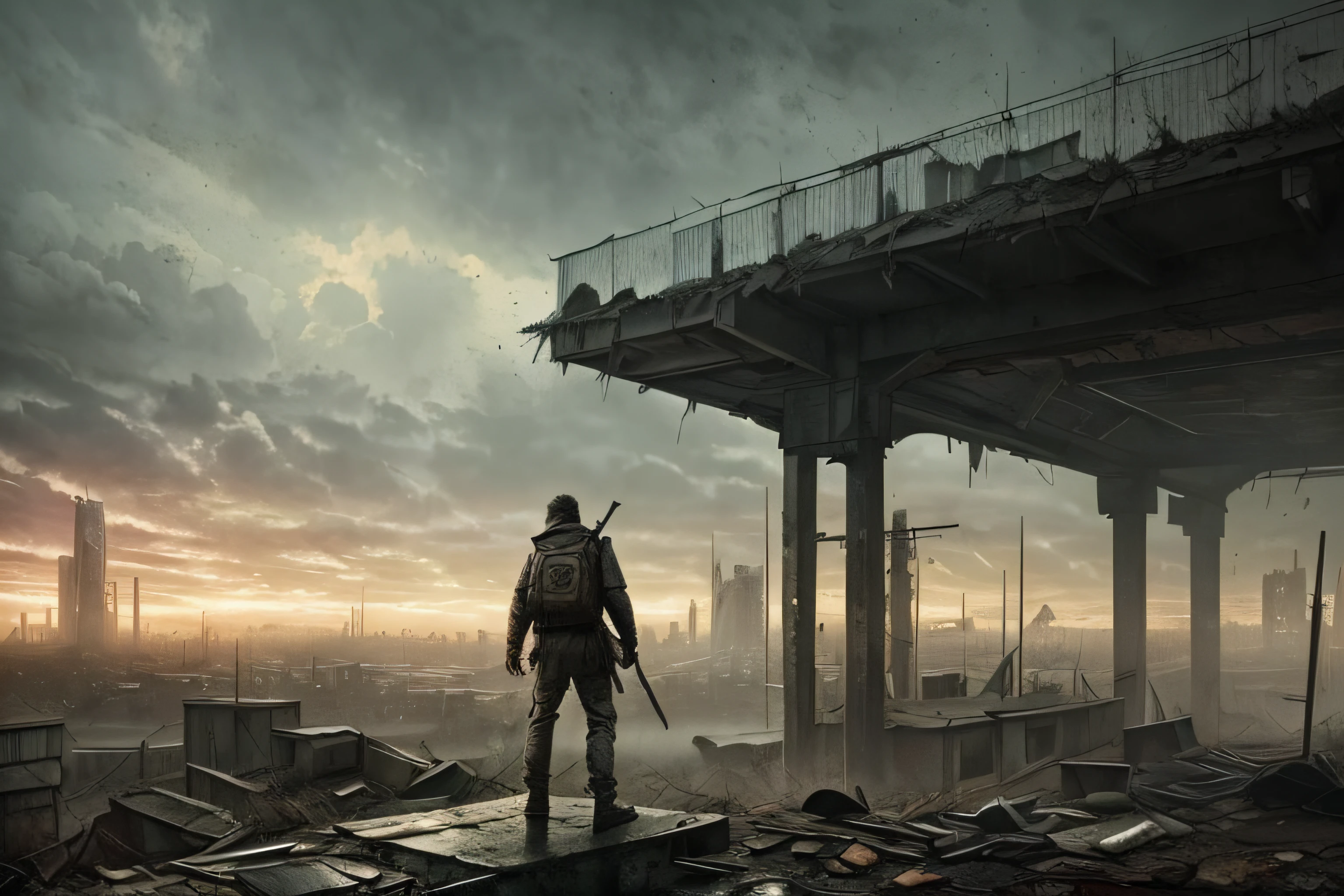 person wearing tattered clothes in the midst of a post-apocalyptic scenery, dark fantasy, very detailed, a post apocalyptic cityscape, muted colors, hyperrealism, fog, dark atmosphere, hdr, rainy, intricate details, fallout style