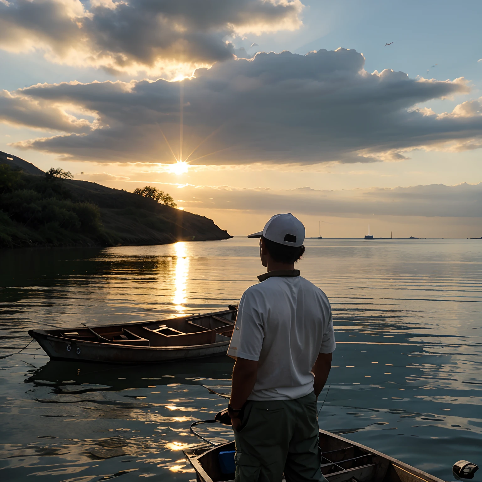 Sun, fisherman from afar, good view,