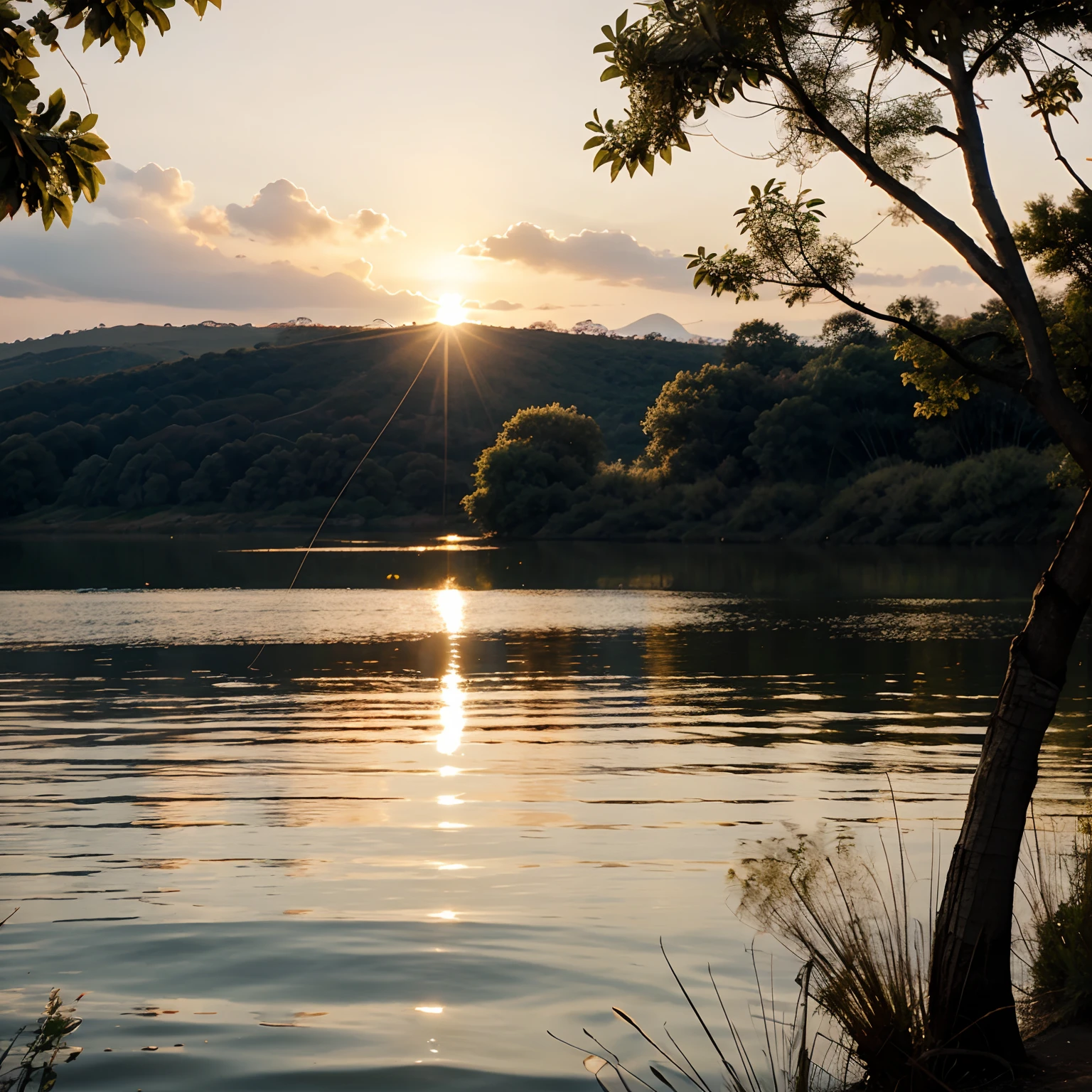 Sun, fisherman from afar, good view,