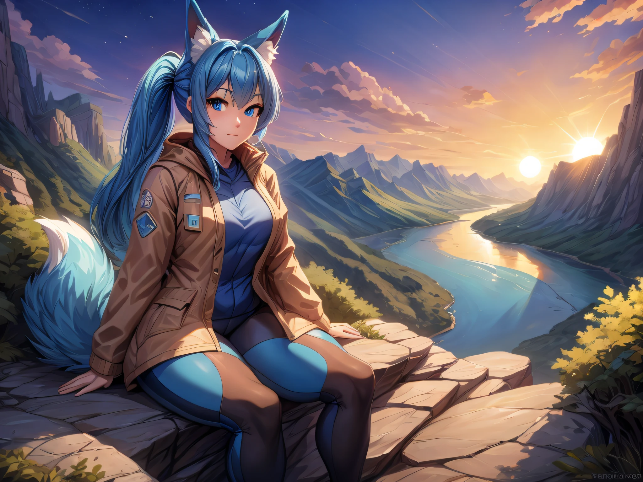 (Masterpiece) (High Detail) (High Res) A short humanoid girl with pale human skin and blue eyes and long blue hair and blue dog ears and a big fluffy dog tail is sat on the top of a cliff, looking down at an impressive valley of scenery, river forest and landscape below. The sun is setting. Sunset. Landscape. She is wearing hiking gear, a coat, leggings, and her hair is in a ponytail.