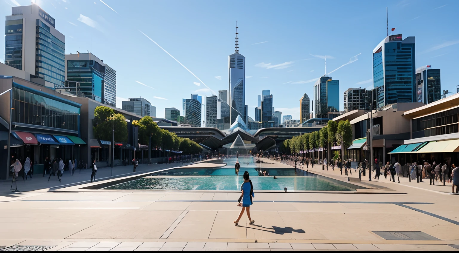 a hyper realistic photography of the Federation Square in Melbourne, no people, Nikon D850 DSLR 4k camera, 100mm lens, F 1.2 aperture setting, bright and natural lighting, vibrant, fun and relaxing atmosphere