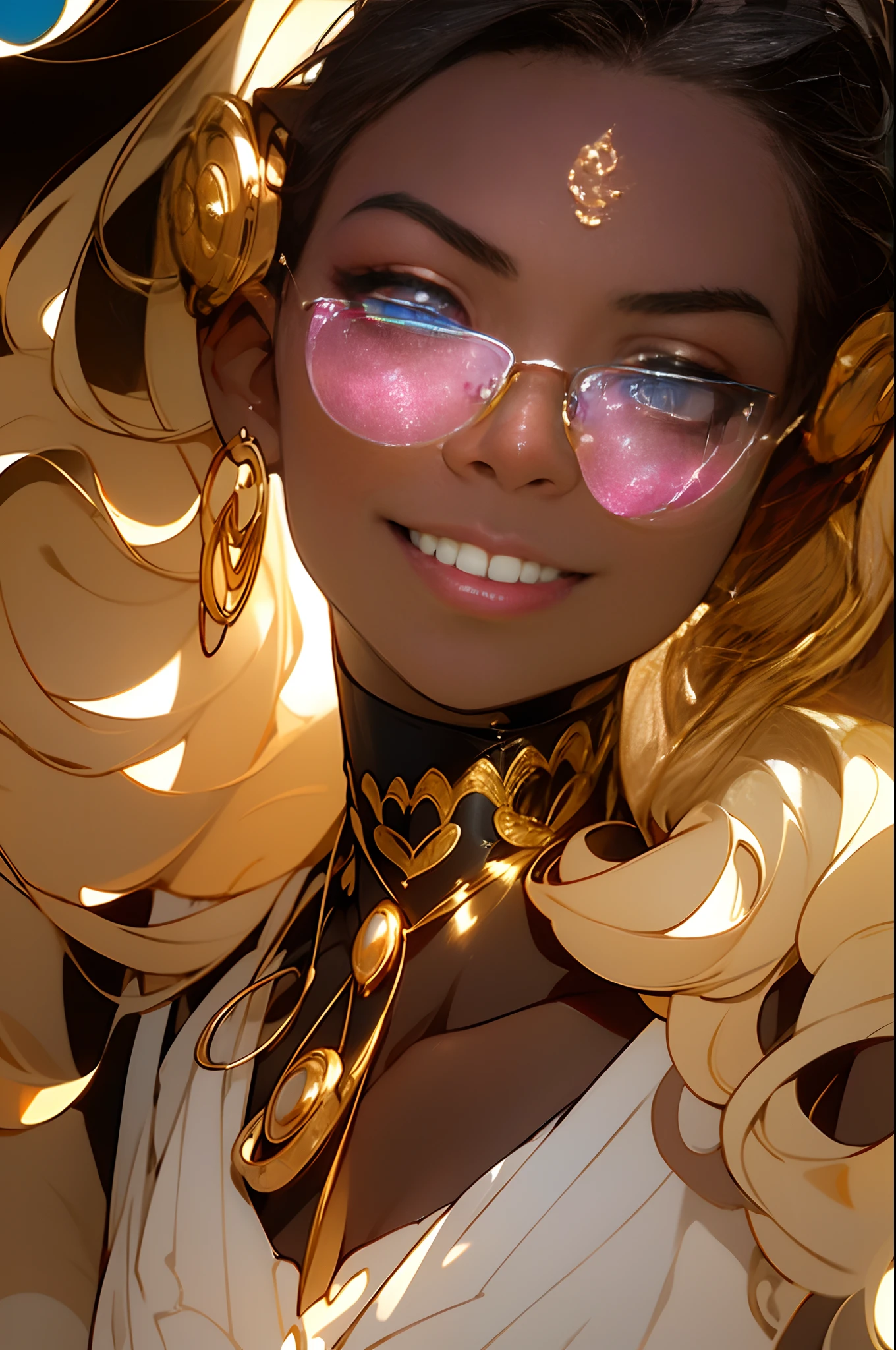 tmasterpiece,(tmasterpiece,top-quality,best qualityer),1girll, jewely,耳Nipple Ring,choker necklace,bangle, hoop earings, circle glasses,sun glasses, Long hair and flesh, Blonde hair,Black color hair,Silvery-white hair,Maroon hair, 独奏, ssmile, looking at viewert, motorvehicle,The Car, sports cars,groundvehicle, Sat down, exteriors, daysies, nedium breasts,Open navel, dark skinned female, Estampados florales, grinning smile,collars,Laser cloth,Sexy bikini,laser,holy rays,gold foil,Gold leaf art,glitter drawing,Correct anatomy,Detailed face, Detailed eyes,Chest exposed,