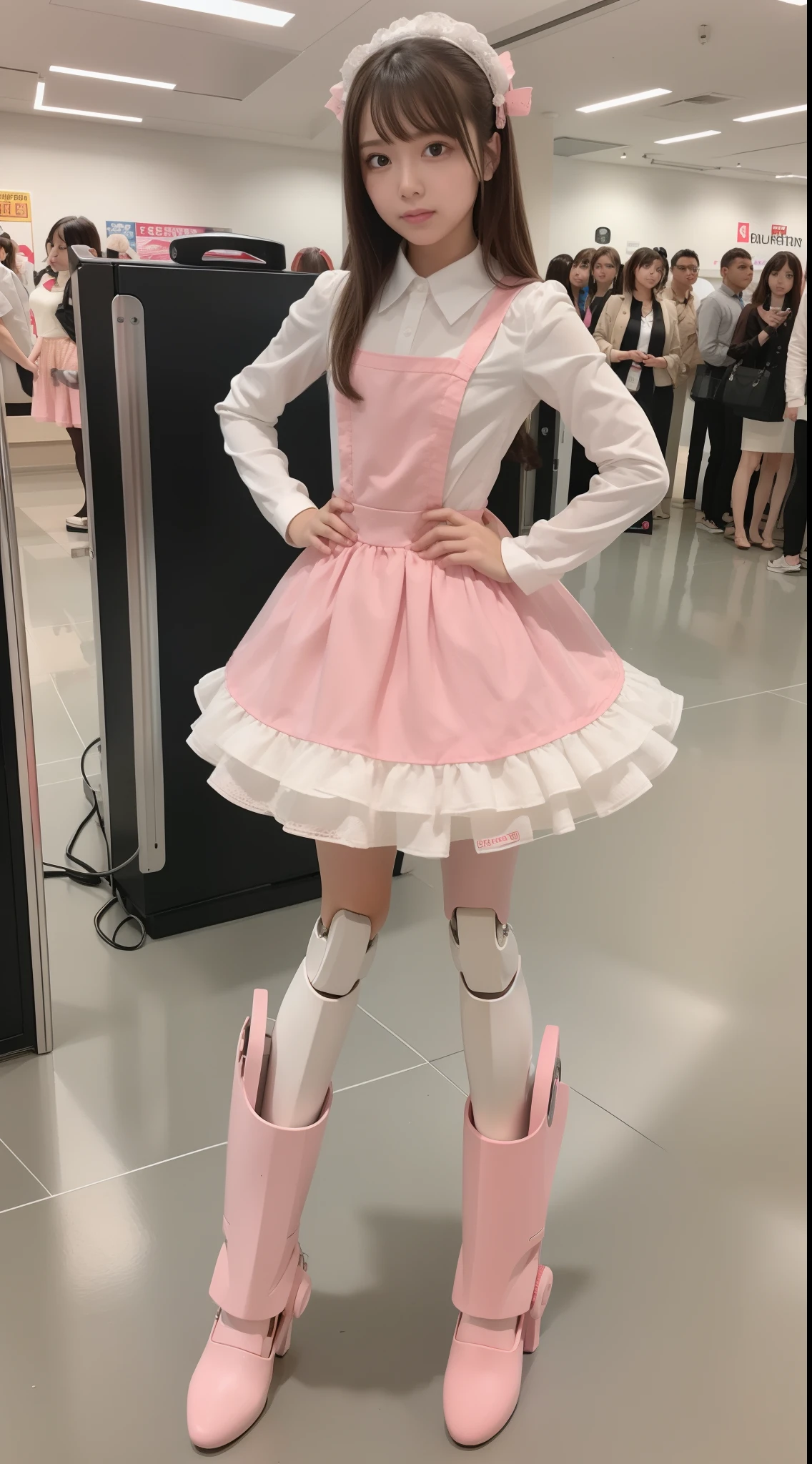Robot Girl, pink there, Silver, Metallic body, Robot Parts, Metal Parts, Super Detailed Face, Super well-formed face, of the highest quality, a small face, small head, Brown hair, Slender body, Camera gaze, Internal Mechanical Exposure, Idol, front facing, Well-proportioned body, sale, Exhibited, Event Hall, Moe Pose, Pink Maid Dress Machine Armor, Standing with legs open, Hands on hips, Model body type, sad, Embarrassing,(Perfect Robot Girl),(Perfect machine body)