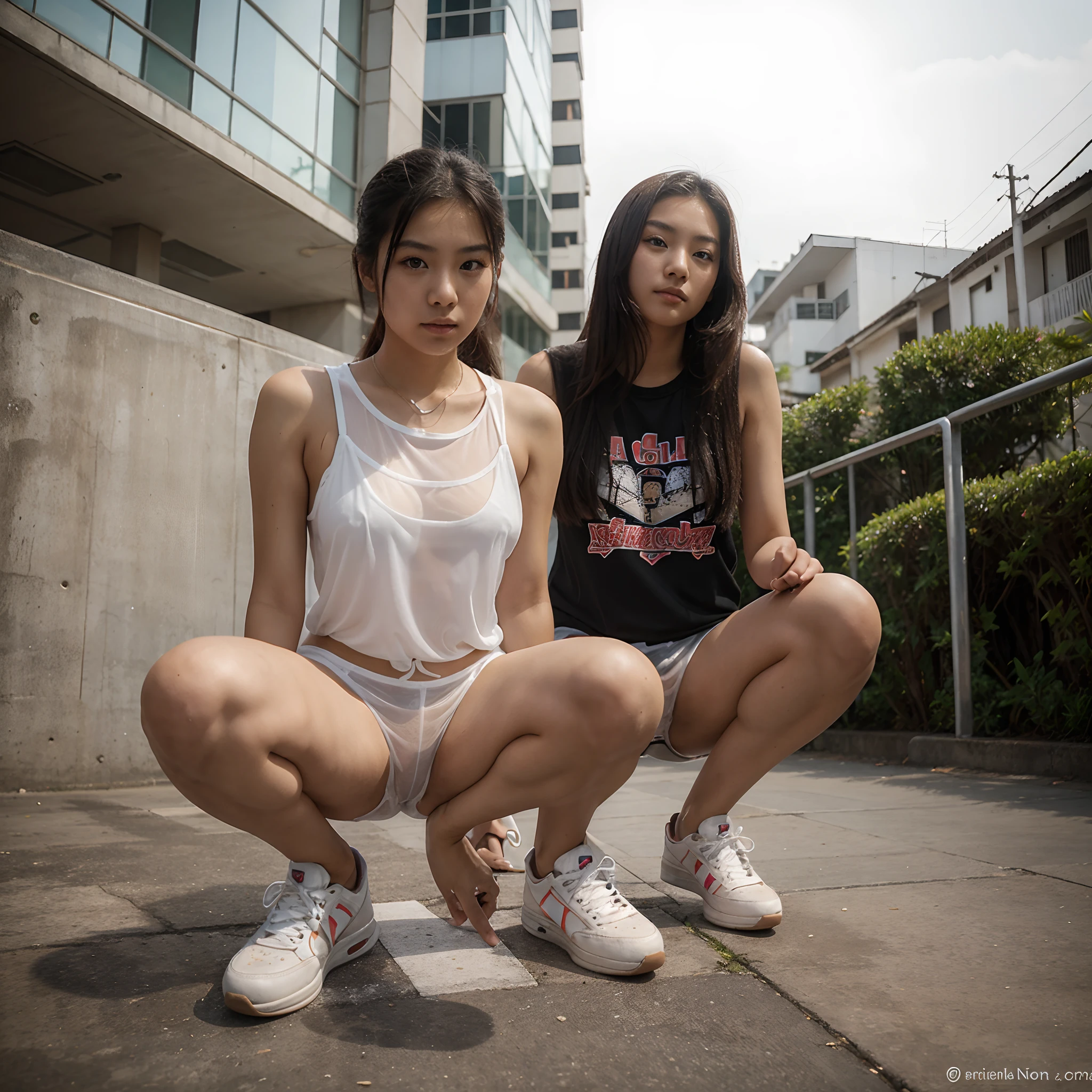 A 20-year-old Taiwanese beautiful girl，squatting pose，Look up at the perspective，Wear transparent clothing ，Skateboard with your toes