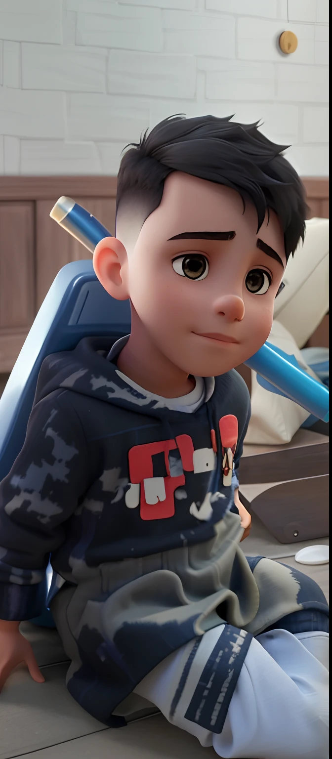 there is a young boy sitting on the floor holding a blue object, riyahd cassiem, reyyan, 2 , jose miguel roman frances, very very low quality picture, young boy, ayan nag, boy has short black hair, young chi, foto, blurry image, inspired by Abidin Dino, mateus 9 5