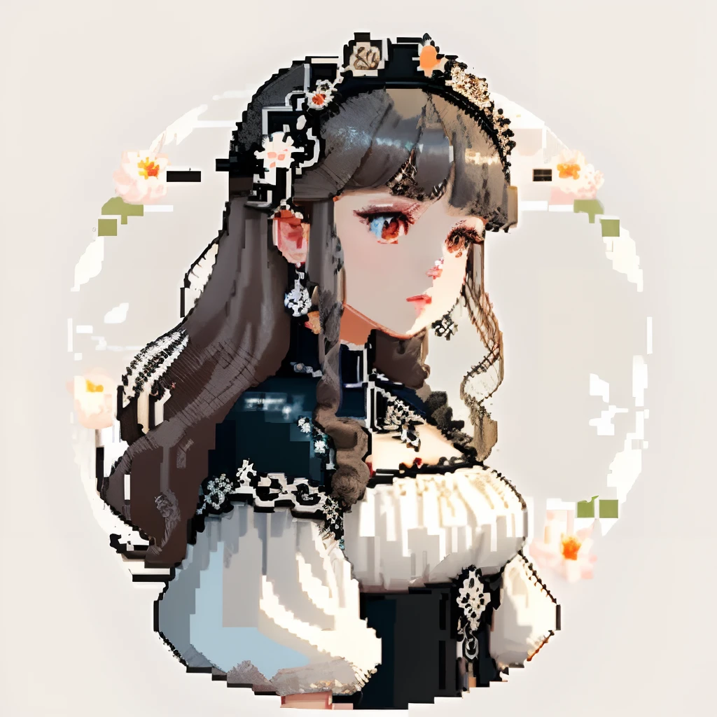 She was dressed like a glamorous jewel,large earring、Lots of flowers、 Gothic White、Colorful Floral Decoration Costume、Girl with dull grey long S-shaped curls、Look back and look at this.、Pixel art、Pixel Art Illustration、pixels、Plain background、Upper body、For icons、pixels_Art Book,Composition centered on the face、Black lily flower headdress、Katyusha、pixels、Game-style illustration、Pixel art、pixels、without background、The background is all beige、pixels、Large anemone flower ornament、Loose fluffy、White background、Gothic fashion、simple background、