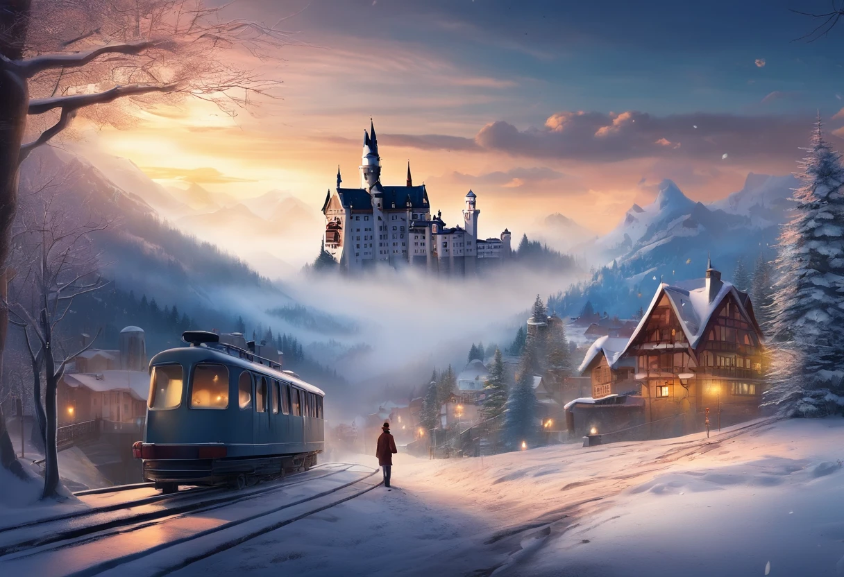 3d pixar animation style poster of a  boy with blonde curly hair german boy waring ww2 overcoat with his younger brother sitting sideways on his ww2 bicycle standing on top of a tall hill on the foggy schwarzwald with tall silver firs in the foreground contemplating snow starting to fall on a christmas german village with timber framed houses, a steam train station and the neuschwanstein castle on the top of a hill with snowy mountains on the background with volumetric light rays shooting from dark cloudy sky