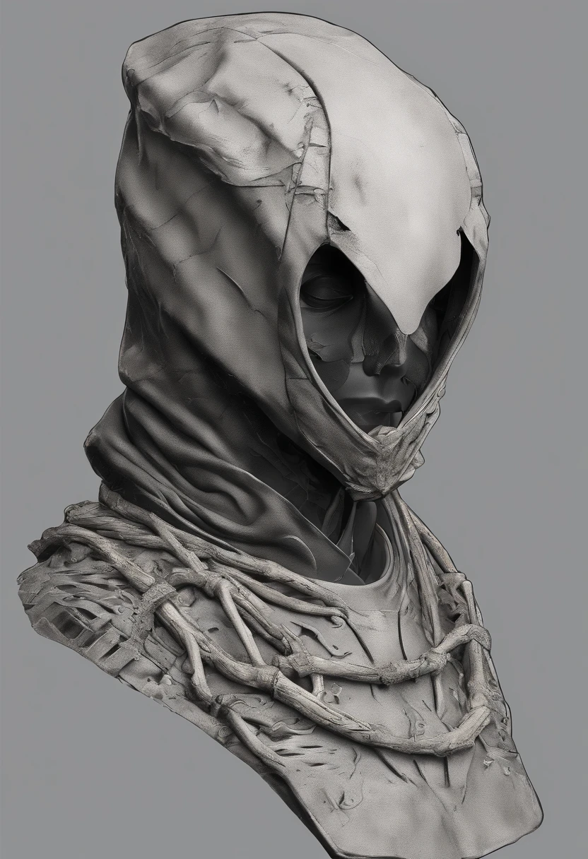 Person wearing bird skull with a hood on creepy realistic bust shot side view