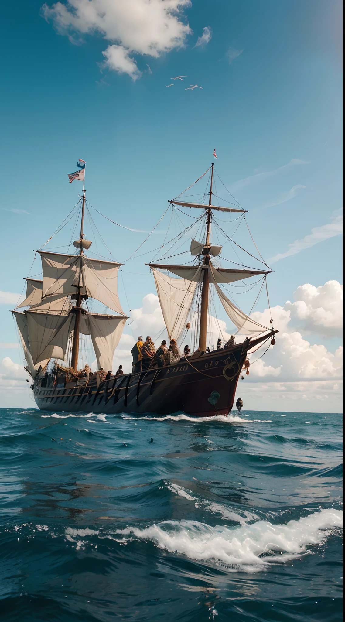 An illustration of Christopher Columbus landing in the Americas and meeting with the indigenous people
