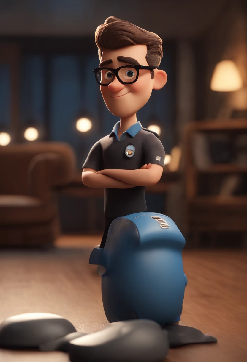 Cartoon character of a man wearing black glasses and a blue shirt, um personagem animado, Caractere estilizado, animation style rendering, 3D estilizado, Arnold Maya render, 3 d render stylized, toon render keyshot, Personagem 3D, Personagem 3D, 3d rendering stylized, 3 d character render, personagem de desenho animado, Personagem de close up, Pose de personagem, (Estilo Pixar) (master part:1.2) (Bokeh) (best quality) (pele detalhada) (textura detalhada) (8k) (argila) (Cinematic lighting) (foco nítido,Senta e vaza a parte superior do corpo