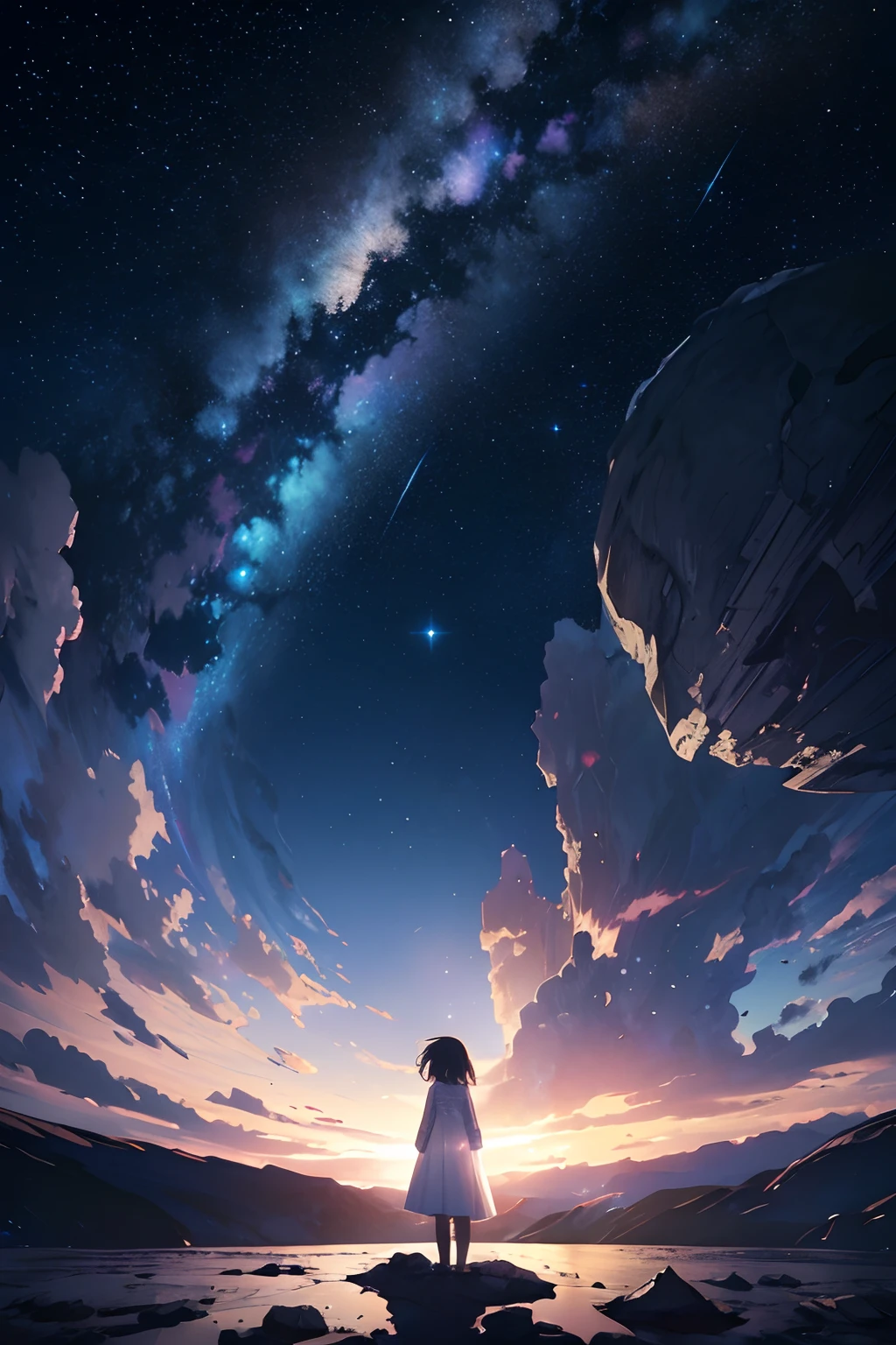 ​masterpiece、Background with（（Fantastic starry sky、kosmos、Meteor swarm、black hole、Irridescent color））depth（（planetes））、A person is standing in the distance、A  wearing a white dress that you can't see