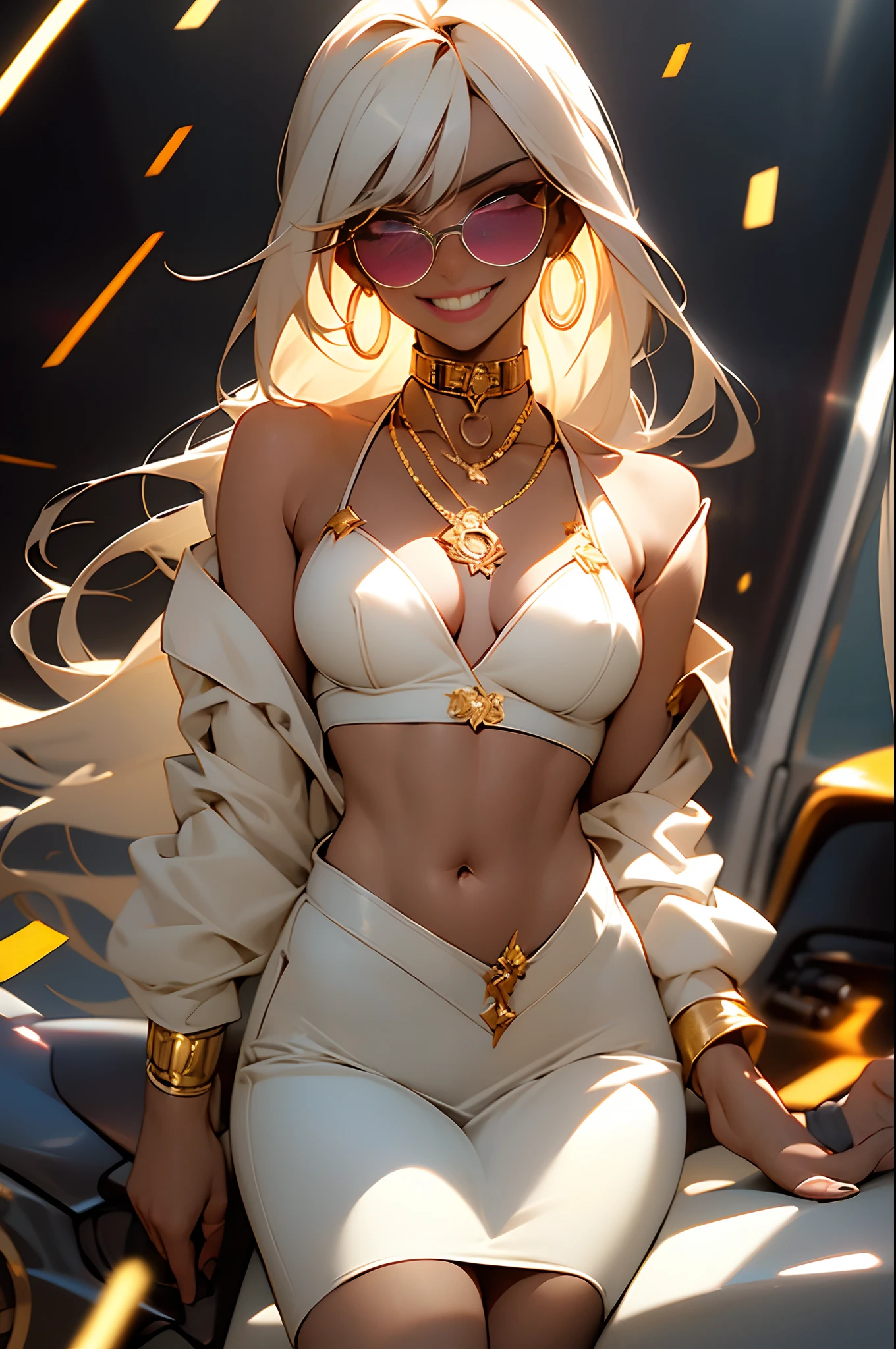 tmasterpiece，（tmasterpiece，top-quality，best qualityer），1girll， jewely，耳Nipple Ring，choker necklace，bangle，  hoop earings， circle glasses，sun glasses， Long hair and flesh， Blonde hair，Black color hair，Silvery-white hair，Maroon hair， 独奏，  ssmile，  looking at viewert， motorvehicle，The Car， sports cars，groundvehicle， Sat down， exteriors， daysies， nedium breasts，Open navel， dark skinned female，  Estampados florales， grinning smile，collars，Laser cloth，Sexy bikini，laser，holy rays，gold foil，Gold leaf art，glitter drawing，Correct anatomy，Detailed face, Detailed eyes，Chest exposed，