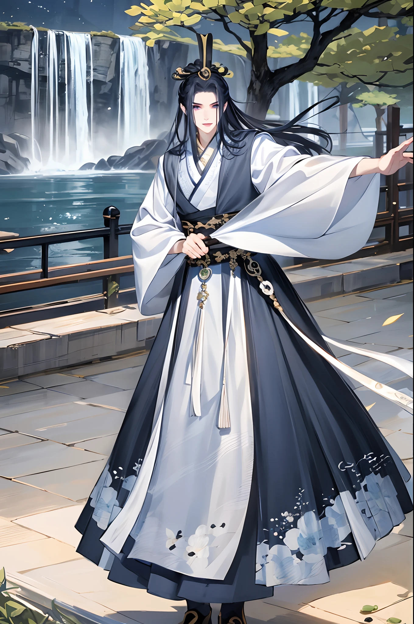 1boys, 独奏，（the night：1.2）long whitr hair, Blue eyes, Chinese clothes，Hanfu，mont，waterfallr，florals，The tree，florals，dynamic shot，dynamicposes，