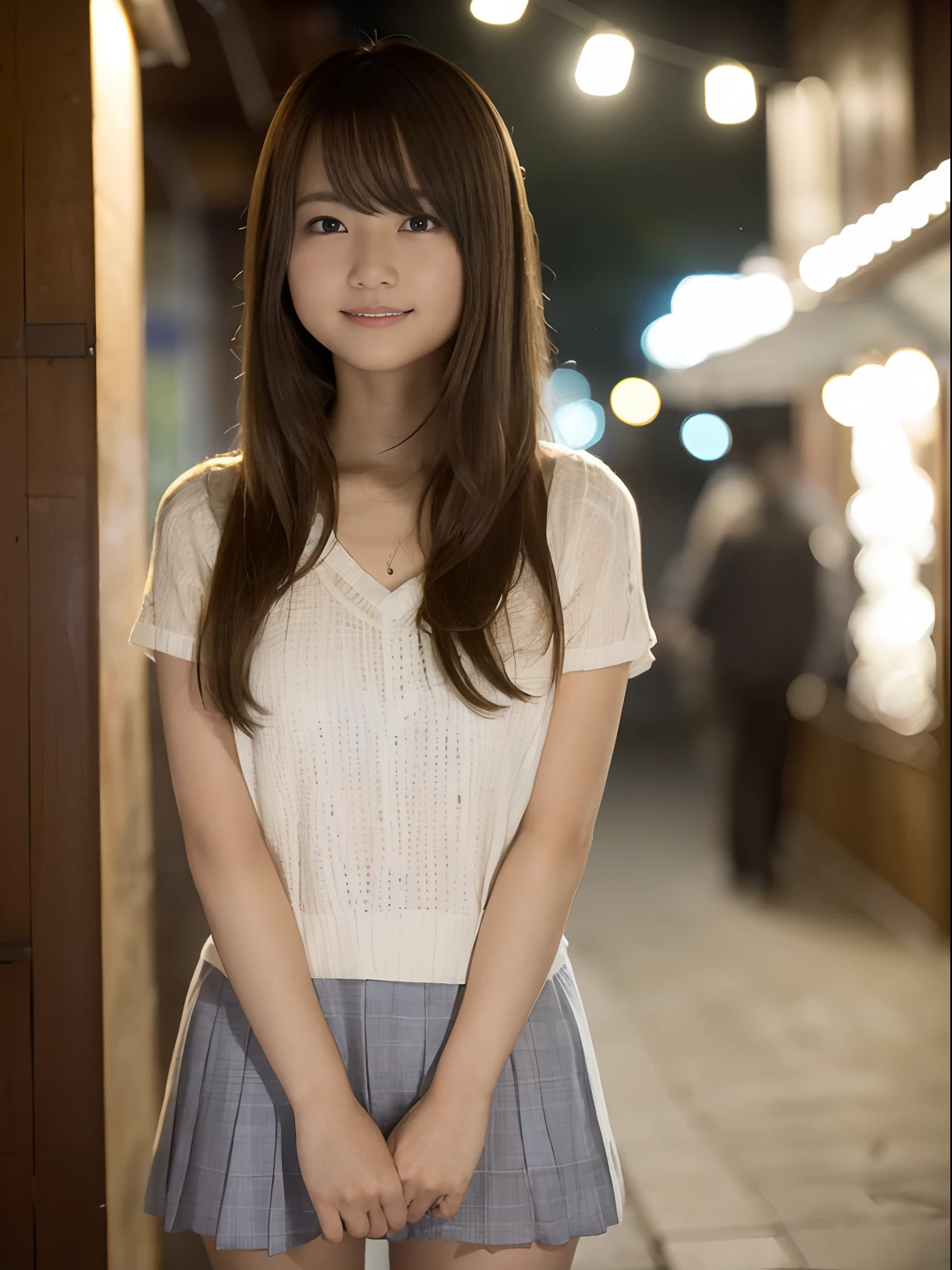 Summer style、17-year-old woman、realisitic、Live action、Fantastical、a miniskirt、Pick up the hem of the miniskirt to expose the pants、Close to face、Looking at the camera、Happy smile、The background is bokeh、Orange sunset