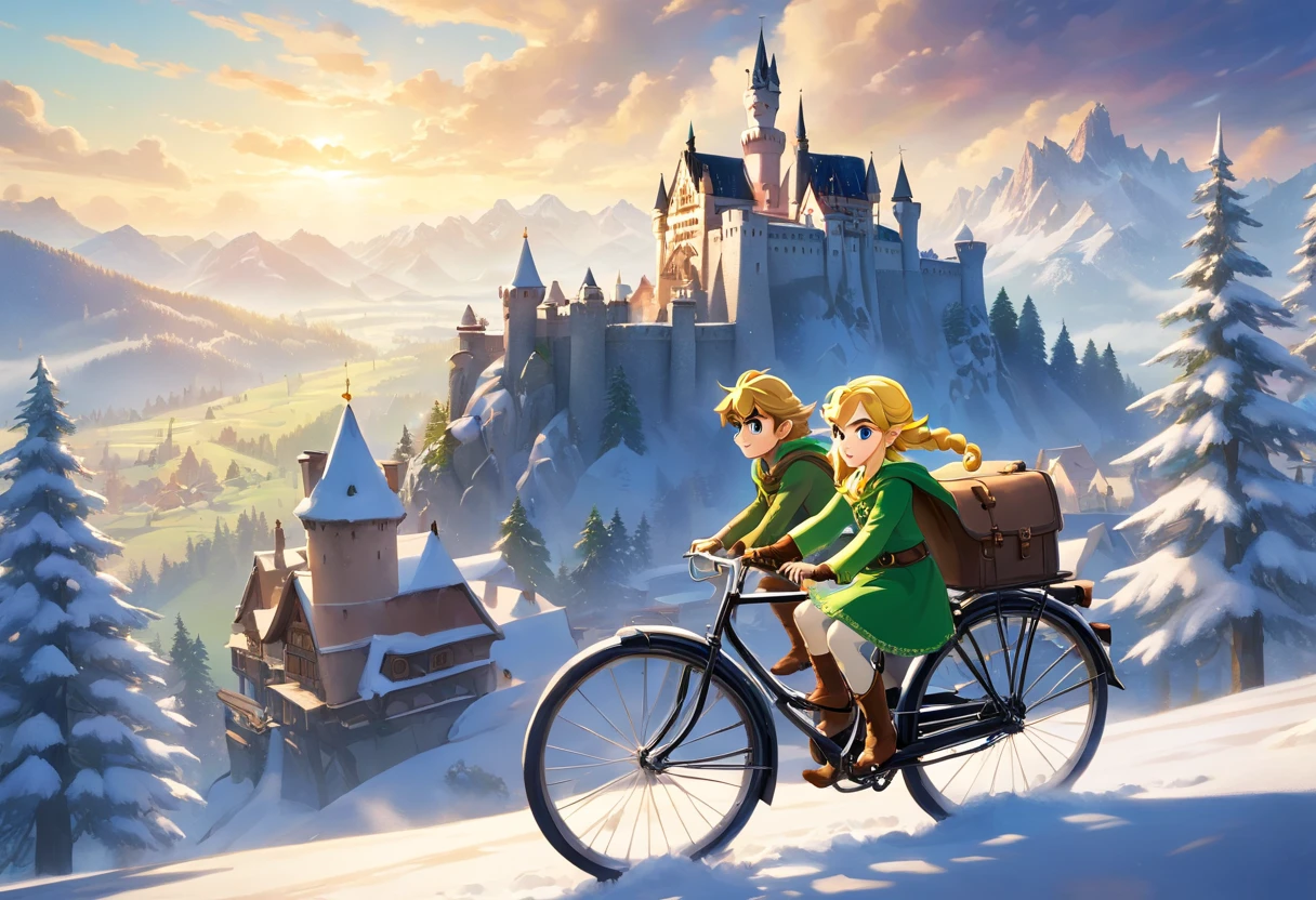 3d pixar animation style poster of a teen boy with blonde curly hair german boy waring ww2 overcoat with his younger brother sitting sideways on his ww2 bicycle standing on top of a tall hill on the foggy schwarzwald with tall silver firs in the foreground contemplating snow starting to fall on a christmas german village with timber framed houses, a steam train station and the neuschwanstein castle on the top of a hill with snowy mountains on the background with volumetric light rays shooting from dark cloudy sky
