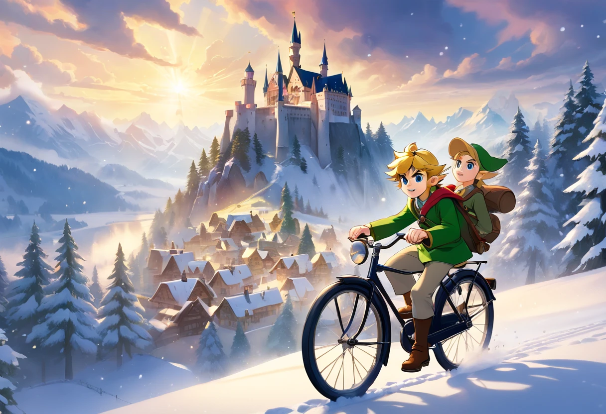 3d pixar animation style poster of a  boy with blonde curly hair german boy waring ww2 overcoat with his younger brother sitting sideways on his ww2 bicycle standing on top of a tall hill on the foggy schwarzwald with tall silver firs in the foreground contemplating snow starting to fall on a christmas german village with timber framed houses, a steam train station and the neuschwanstein castle on the top of a hill with snowy mountains on the background with volumetric light rays shooting from dark cloudy sky