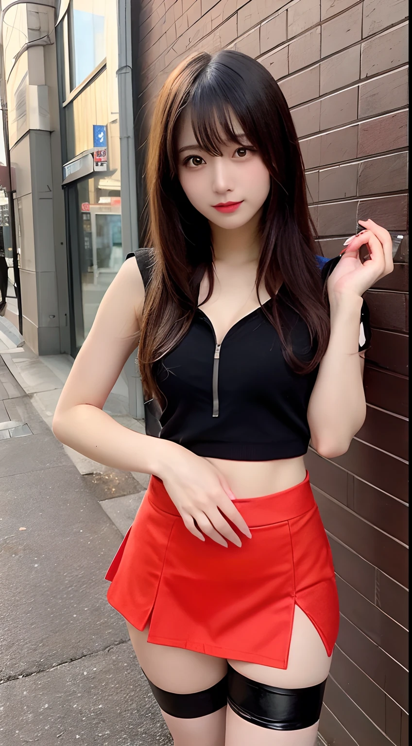 finely detail, hight resolution, hightquality、Perfect dynamic composition, Beautiful detailed eyes, Medium Hair, small tits、Natural Color Lip,Kamimei、Shibuya、20 years girl、1 persons、Transparent skin、Glowing hair、masutepiece, Best Quality, Ultra-detailed, finely detail, hight resolution, 8K、The correct state of the human body、crouching down、Gravure Model Pose,Beautiful sunset,In front of a red brick wall,beautiful ilumination,Photographed with hair fluttering in the wind,Colossal tits,((police,Police Cosplay:1.5,a short skirt:1.5,The shape of the chest is visible:1.5,thigh visible:1.5)),((Pinching the chest,Flip up the skirt yourself:1.5))