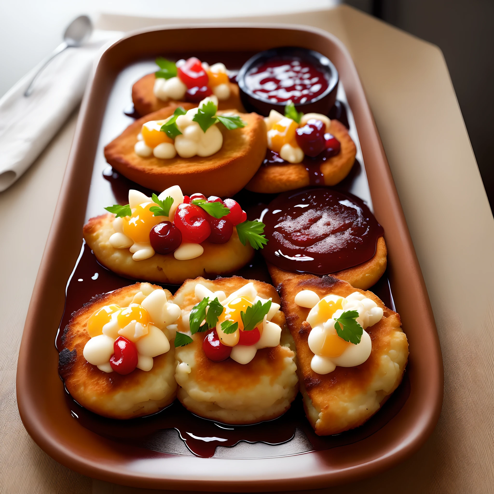 Fried  sweet bread on mashed beans with sliced tongue with cherry sauce