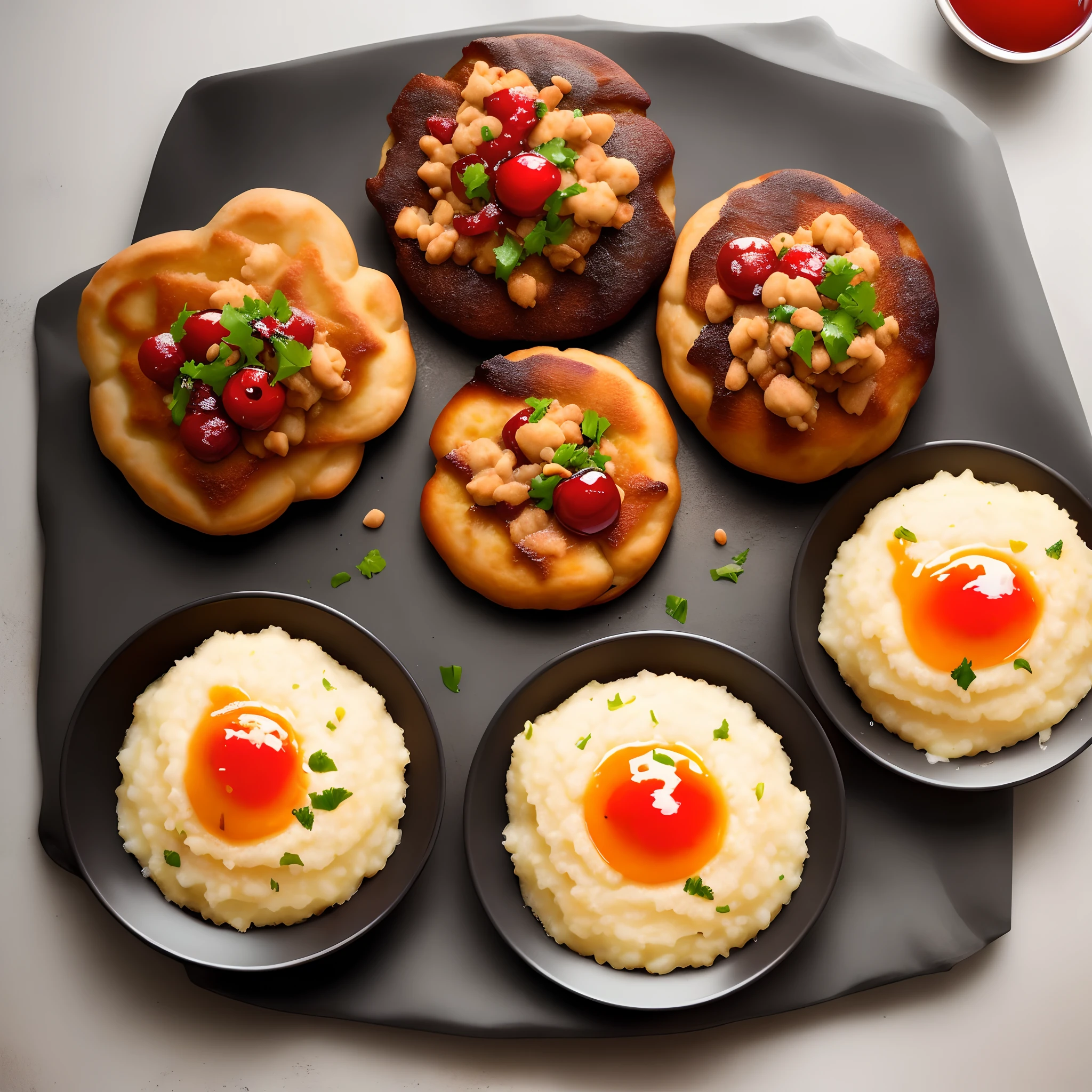 Fried  sweet bread on mashed beans with sliced tongue with cherry sauce