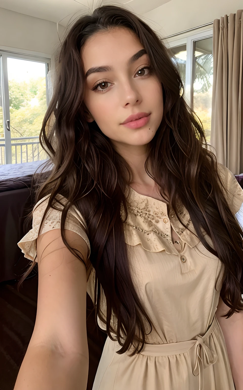 1 femme, Long Wavy Hair, dark brown eyes, nature, top, jupe courte, selfie, room
