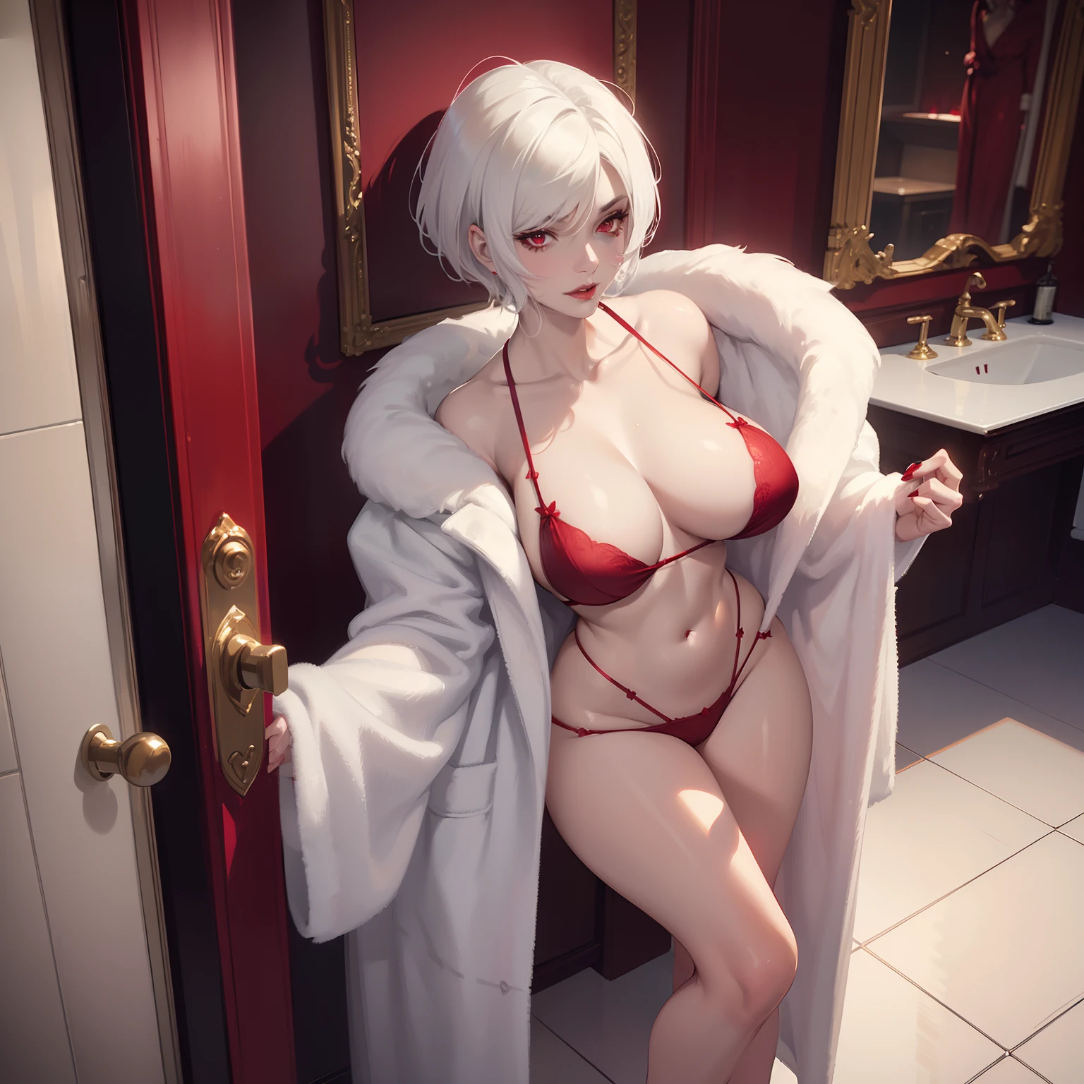 (((Solo))) Vampire woman with short white hair, (red eyes), ((wearing a shower robe)), (mature woman Anna), ((large chest)), curvy hips, long legs, detailed eyes, (((mature woman))), milf, ((full lips)), sparkling eyes, seductive pose, sexy face, (beautiful lighting), dripping, shiny skin, in a bathroom,