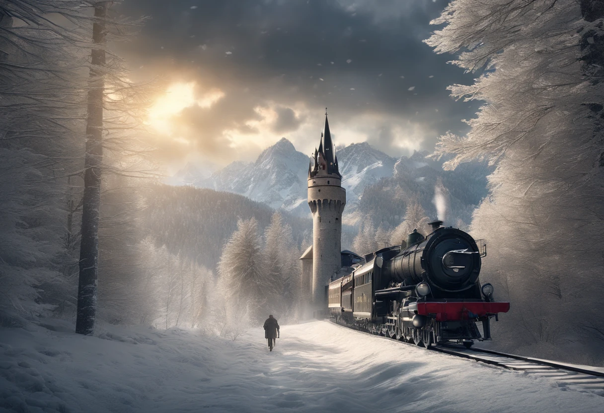 3d pixar animation style poster of a teen boy with blonde curly hair german boy waring ww2 overcoat with his younger brother sitting sideways on his ww2 bicycle standing on top of a tall hill on the foggy schwarzwald with tall silver firs in the foreground contemplating snow starting to fall on a christmas german village with timber framed houses, a steam train station and the neuschwanstein castle on the top of a hill with snowy mountains on the background with volumetric light rays shooting from dark cloudy sky