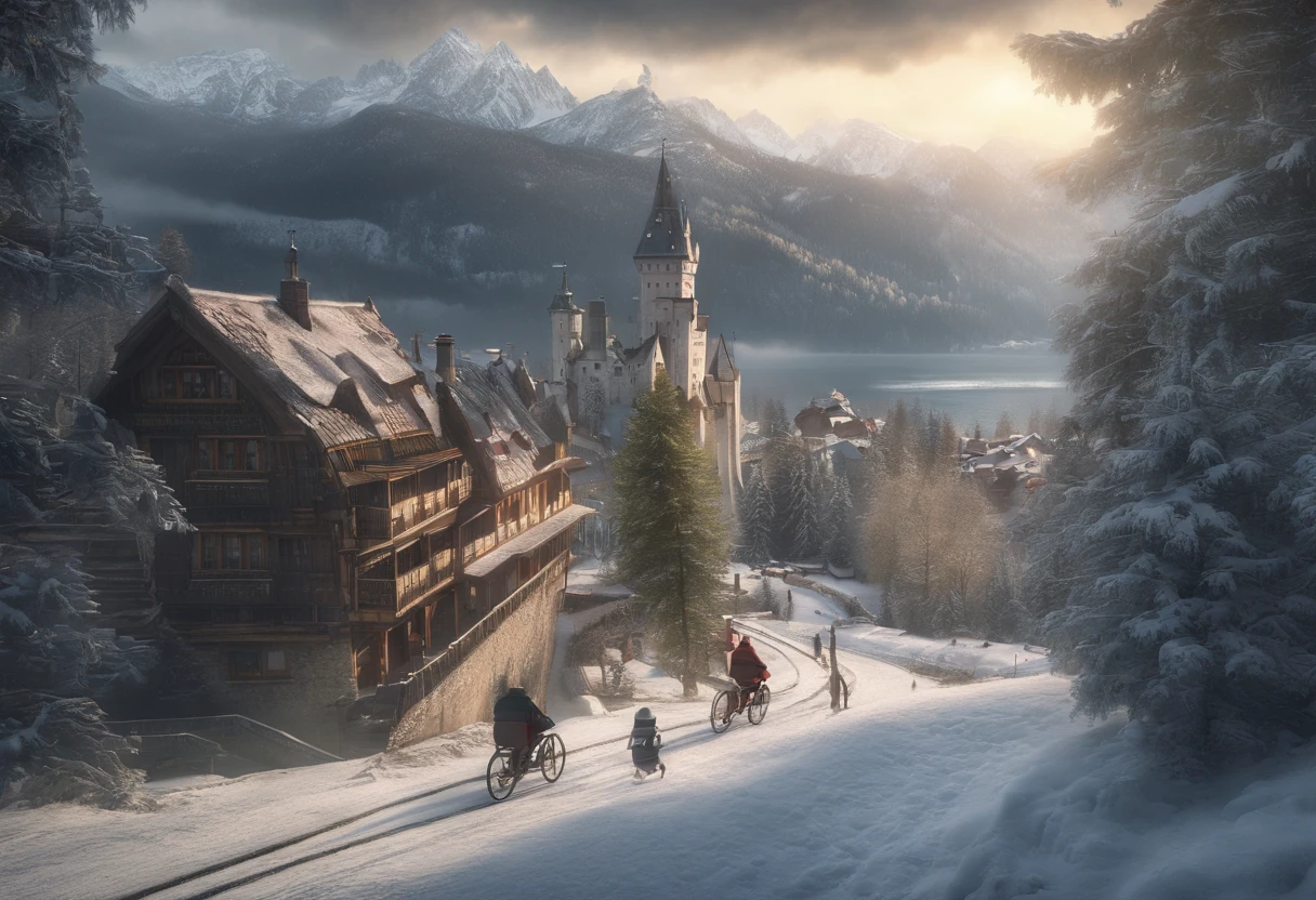 3d pixar animation style poster of a  boy with blonde curly hair german boy waring ww2 overcoat with his younger brother sitting sideways on his ww2 bicycle standing on top of a tall hill on the foggy schwarzwald with tall silver firs in the foreground contemplating snow starting to fall on a christmas german village with timber framed houses, a steam train station and the neuschwanstein castle on the top of a hill with snowy mountains on the background with volumetric light rays shooting from dark cloudy sky