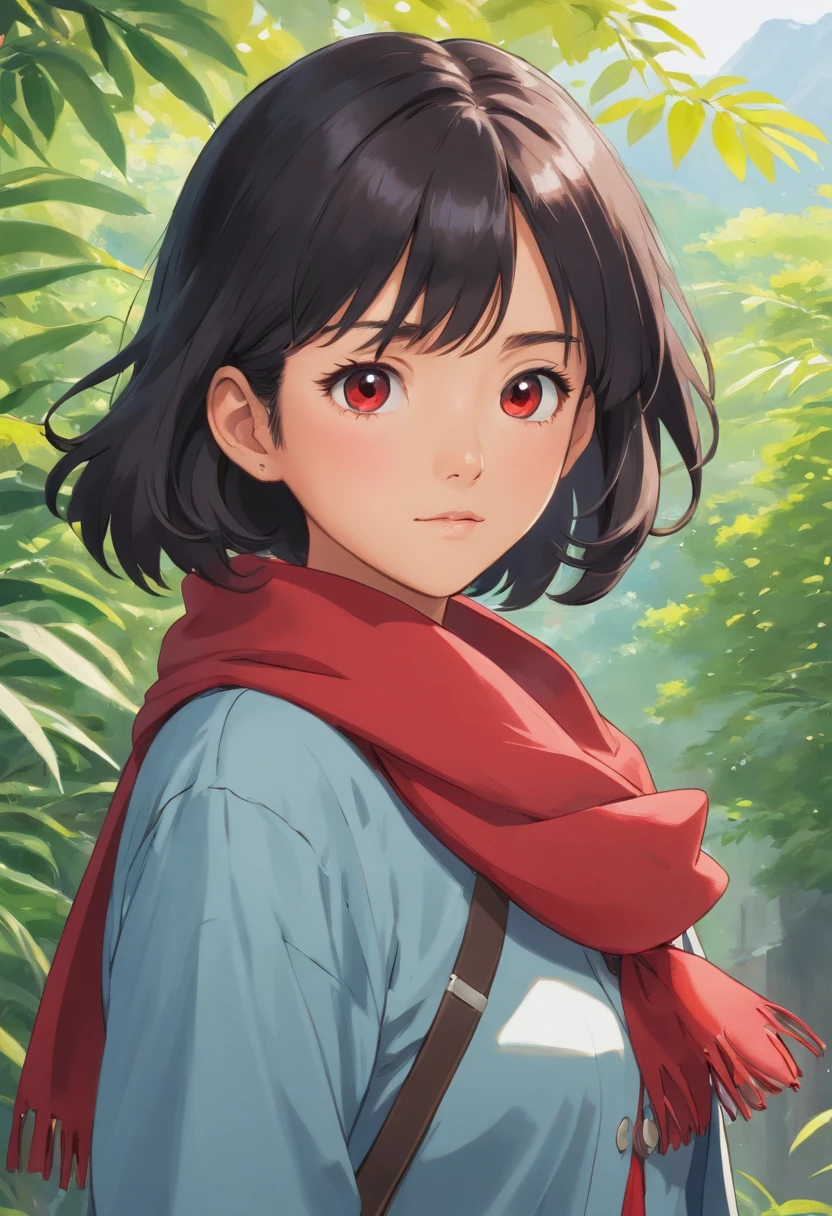 an Asian 19 year old wearing a red scarf held onto by her hand, short black mullet hair, wearing a button down shirt, in the style of semi realistic anime portrait