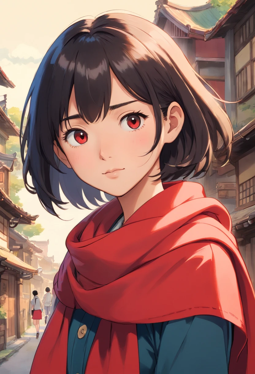 an Asian 19 year old wearing a red scarf held onto by her hand, short black mullet hair, wearing a button down shirt, in the style of semi realistic anime portrait