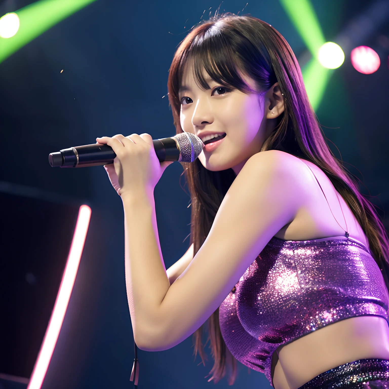 (1girl:1.4), Amazing face and eyes, singing in microphone, Smile, energy, vitality, (Idol), (Idol outfit), (Best Quality:1.4), extremely detailed CG unified 8k wallpaper, Highly detailed, High-definition raw color photos, professional photograpy, Realistic portrait, (stage)