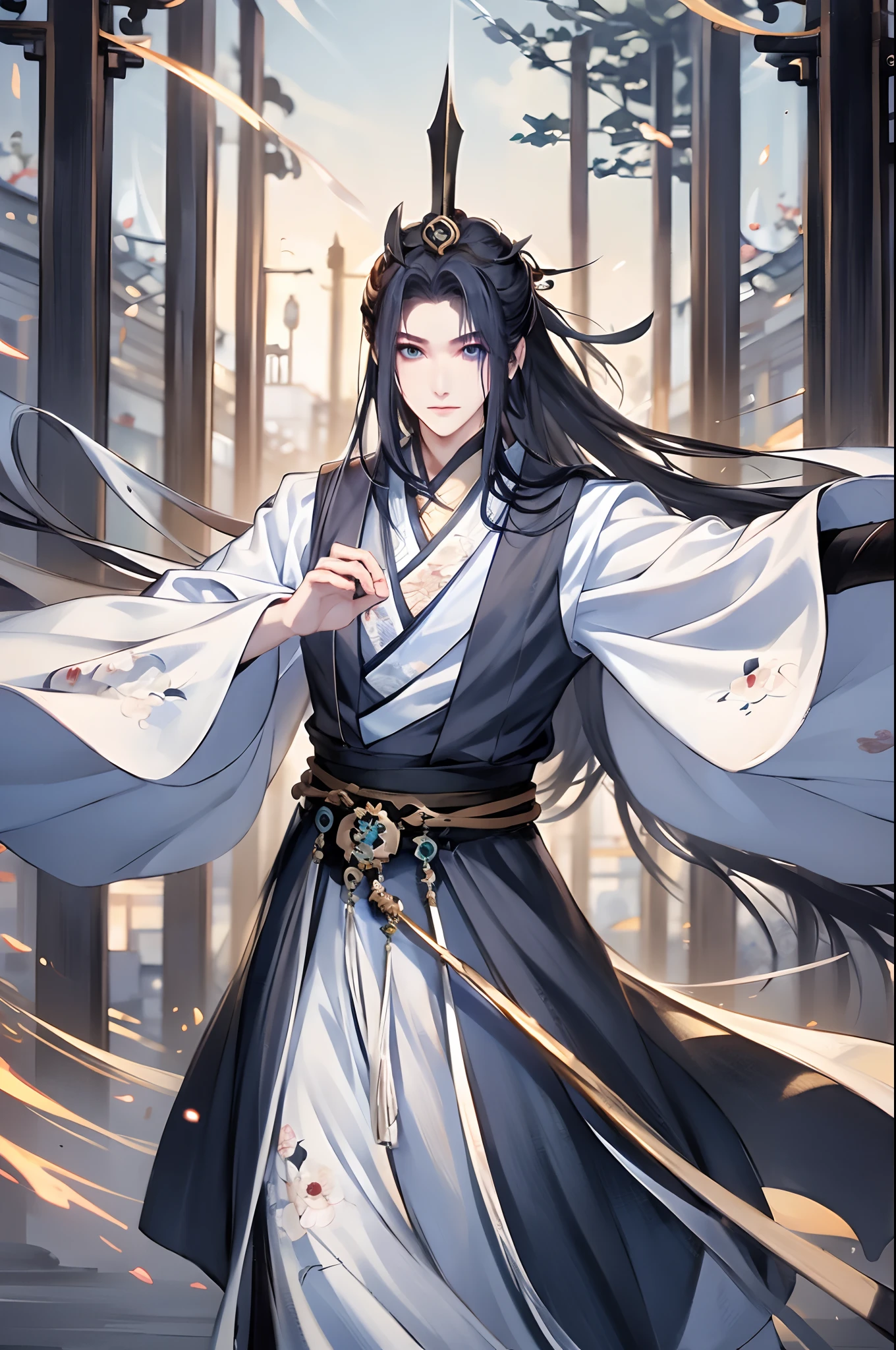 1boys, 独奏，（the night：1.2）long whitr hair, Blue eyes, Chinese clothes，Hanfu，mont，waterfallr，florals，The tree，florals，dynamic shot，dynamicposes，