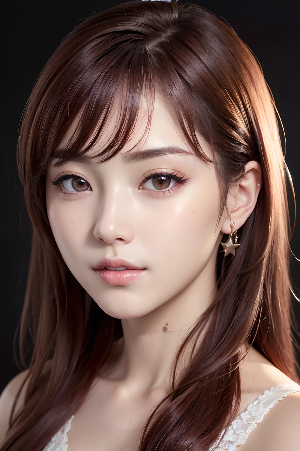 absurdres, 1girl, star eye, blush, (realistic:1.5), (masterpiece, Extremely detailed CG unity 8k wallpaper, best quality, highres:1.2), (ultra_detailed, UHD:1.2), (pixiv:1.3), perfect illumination, distinct, (bishoujo:1.2), looking at viewer, unreal engine, sidelighting, perfect face, detailed face, beautiful eyes, pretty face, (bright skin:1.3), idol, (abs), ulzzang-6500-v1.1, soft smile, upper body, (dark red hair), (simple background), ((dark background)), (depth of field), close-up, selfie
