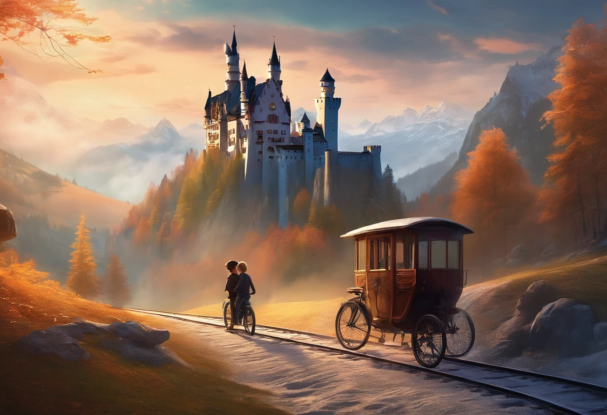 3d pixar animation style poster of a teen boy with blonde curly hair german boy waring ww2 overcoat with his younger brother sitting sideways on his ww2 bicycle standing on top of a tall hill on the foggy schwarzwald with tall silver firs in the foreground contemplating snow starting to fall on a christmas german village with timber framed houses, a steam train station and the neuschwanstein castle on the top of a hill with snowy mountains on the background with volumetric light rays shooting from dark cloudy sky