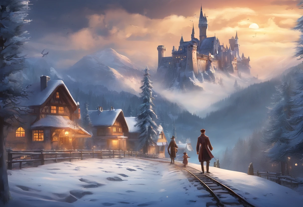 3d pixar animation style poster of a boy with blonde curly hair german boy waring ww2 overcoat with his younger brother sitting sideways on his ww2 bicycle standing on top of a tall hill on the foggy schwarzwald with tall silver firs in the foreground contemplating snow starting to fall on a christmas german village with timber framed houses, a steam train station and the neuschwanstein castle on the top of a hill with snowy mountains on the background with volumetric light rays shooting from dark cloudy sky
