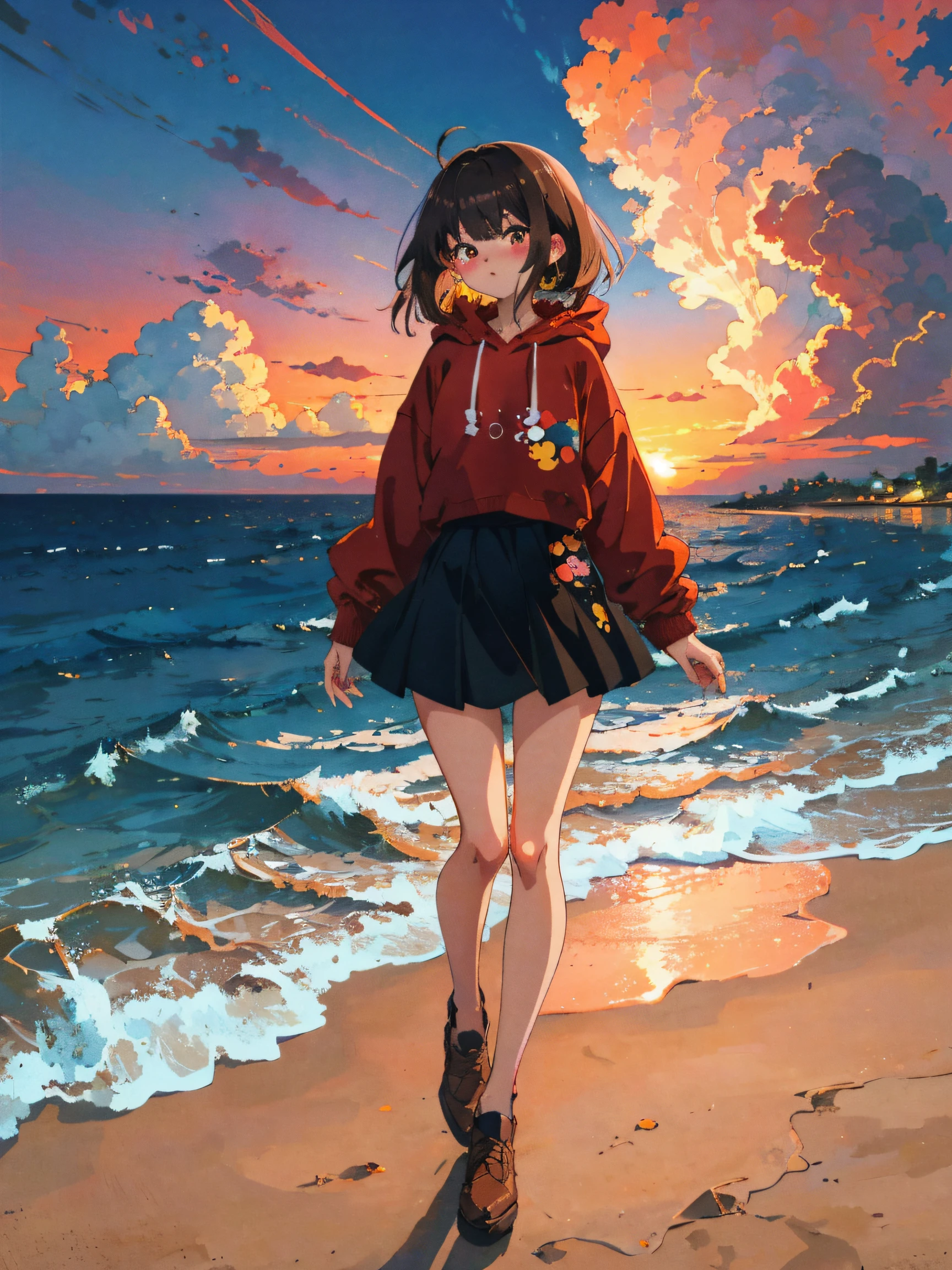Anime girl, on beach at sunset,, , black hair, ,bangs, brown eyes, black skirt, reddish sky, blush stickers, brown footwear, , cloud, day, full body, red ribbon, white hoodie, high resolution, (Masterpiece),ultra high quality, ((perfect anatomy)), looking at viewers